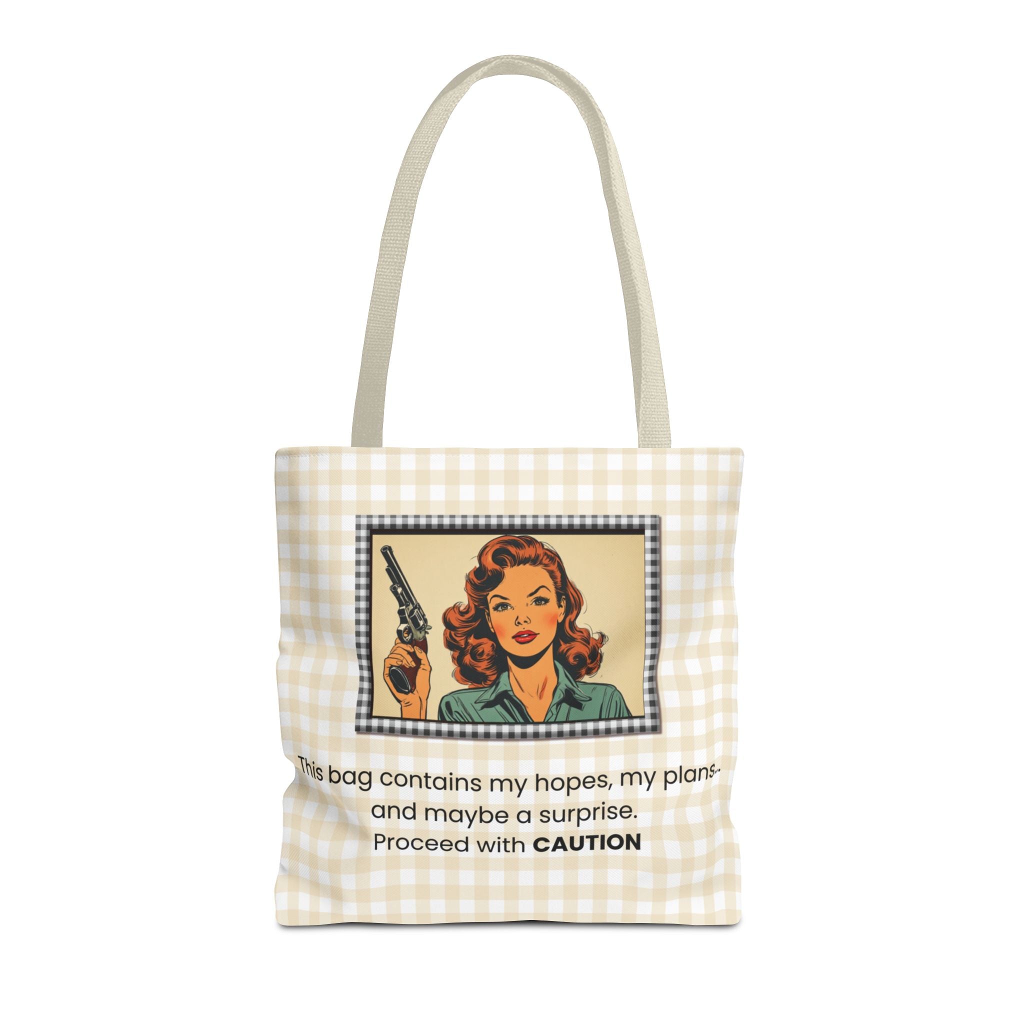 Retro Warning Tote Bag — "This bag contains my hopes, my plans, and maybe a surprise. Proceed with CAUTION"