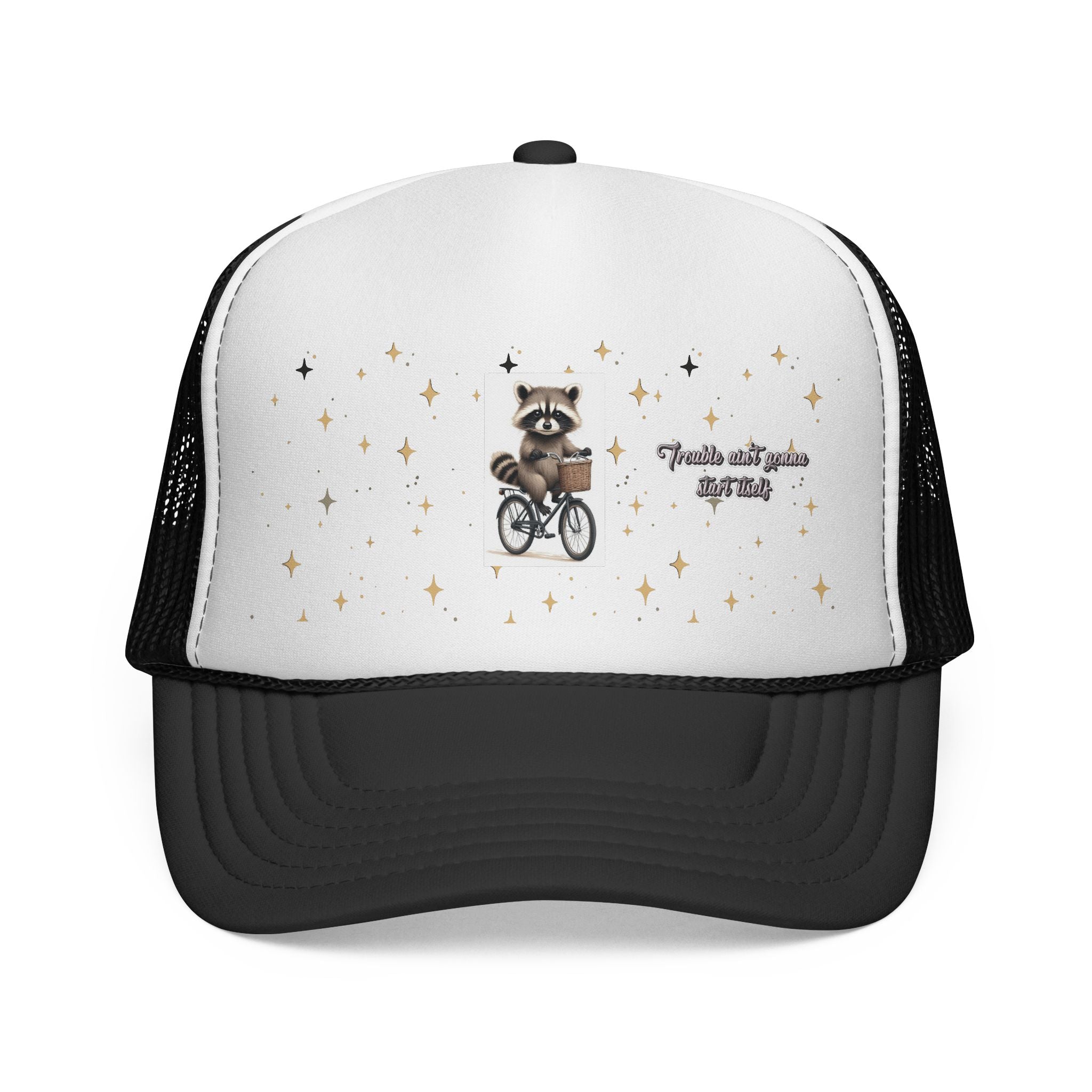 Trucker Cap — Cute Raccoon on Bike with 'Trouble Ain't Gonna Start Itself' Graphic