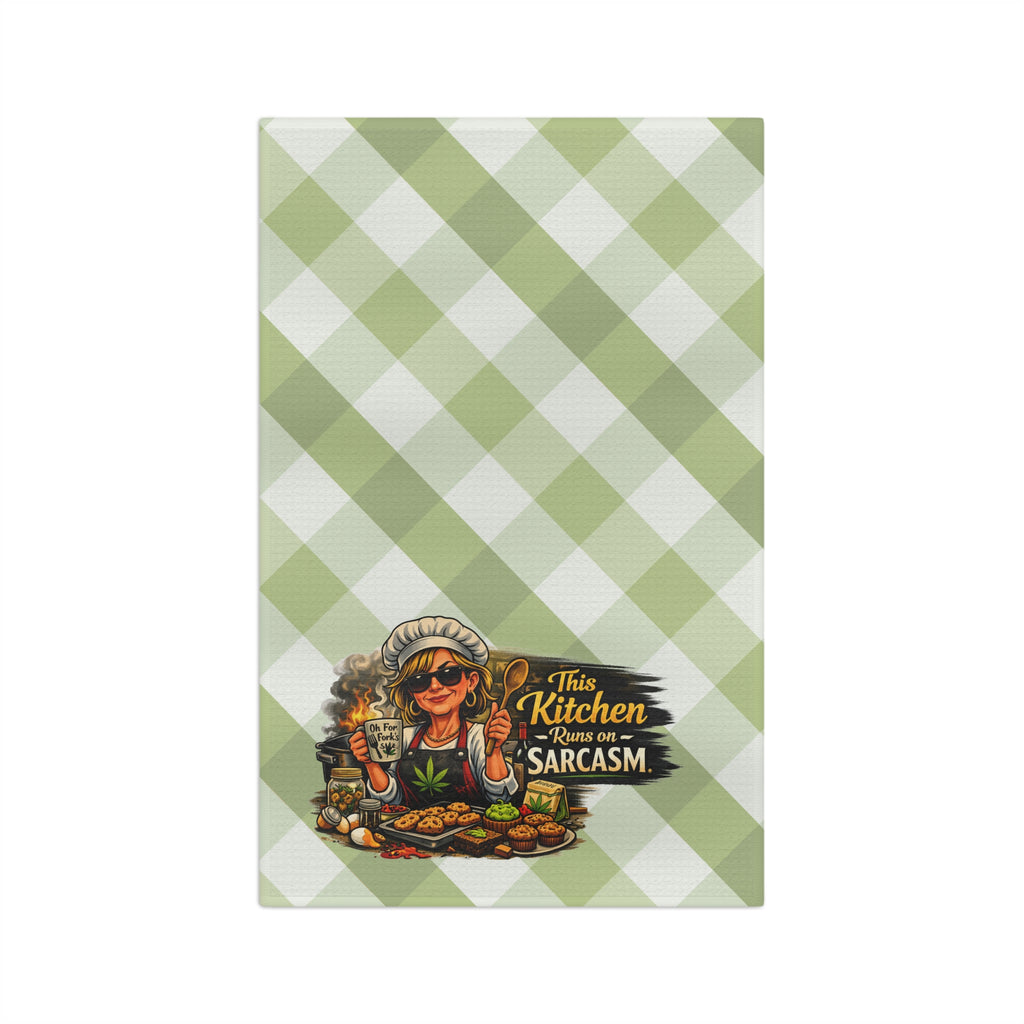 Tea Towel — 'This Kitchen Runs on Sarcasm' Green Gingham Microfiber
