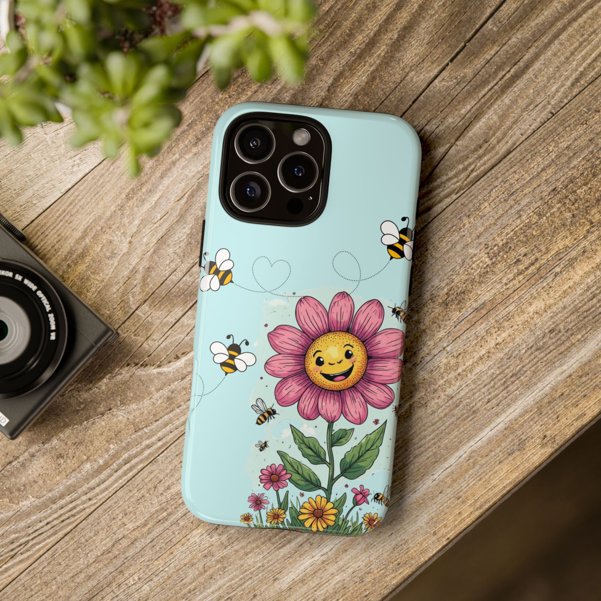 Cute Bee & Smiley Flower Phone Case — Floral Garden Protective Cover