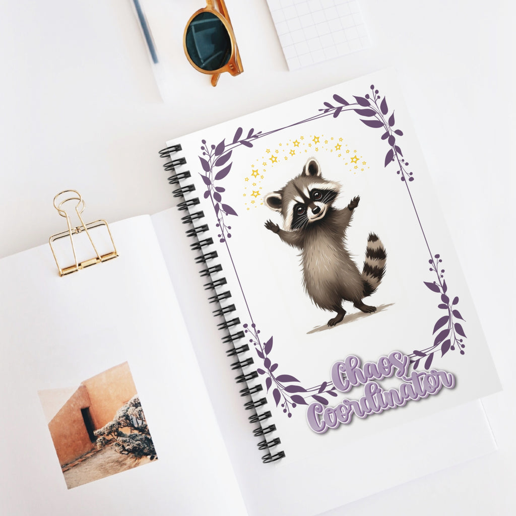 Chaos Coordinator Spiral Notebook — Cute Raccoon Floral Journal (Ruled)