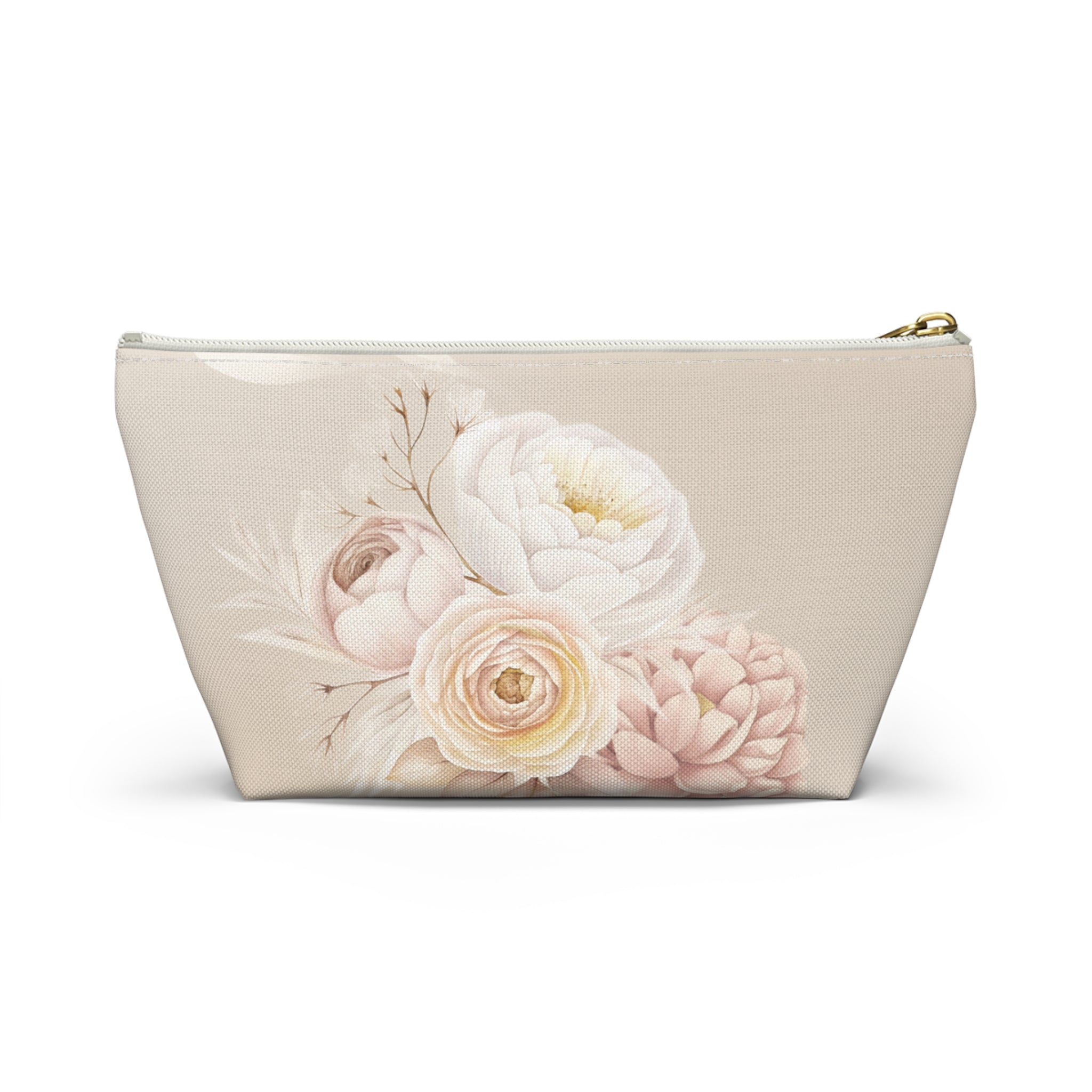 Neutral Tone Bride Floral Accessory Pouch — Bridal Makeup Bag with T‑Bottom