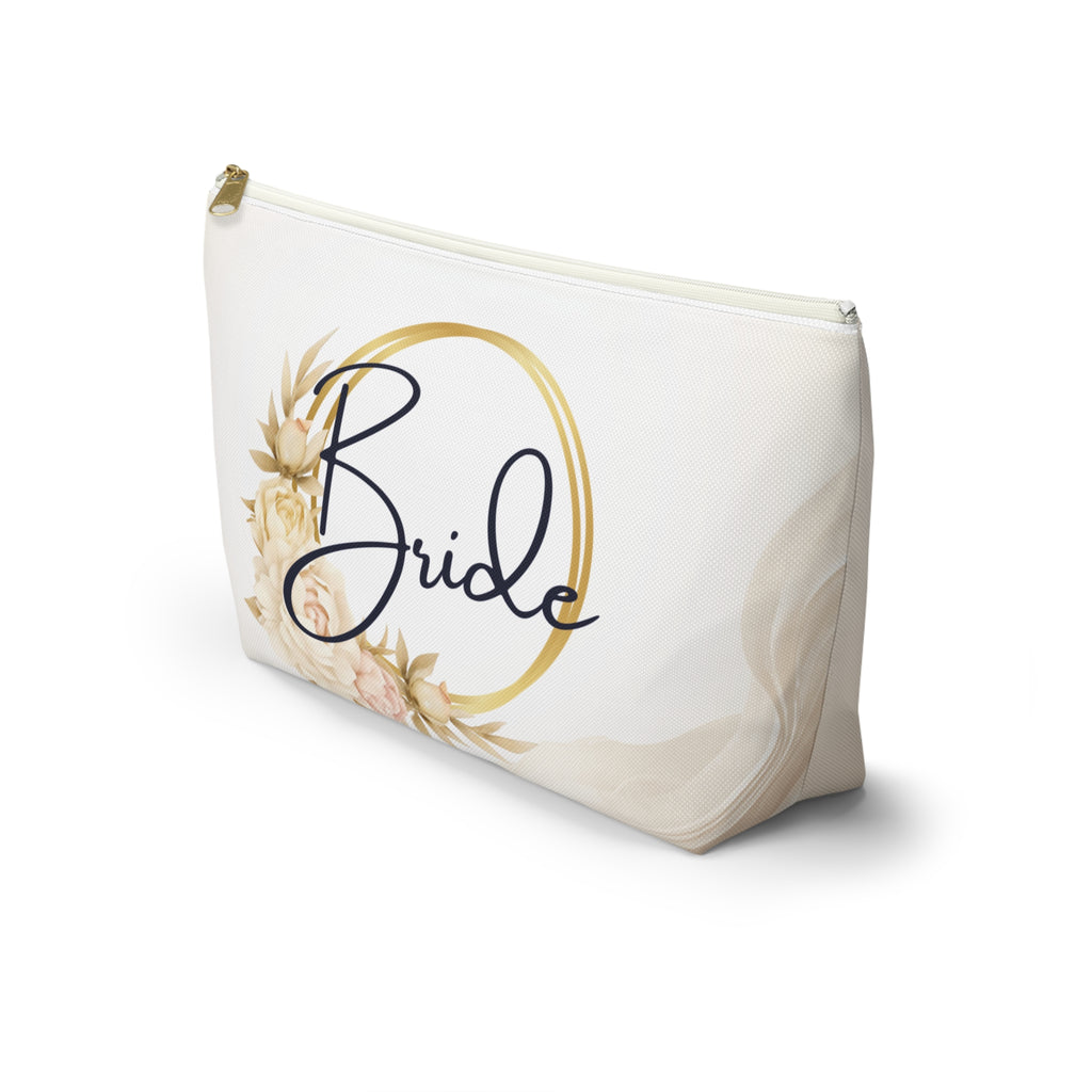 Neutral Tone Bride Floral Accessory Pouch — Bridal Makeup Bag with T‑Bottom