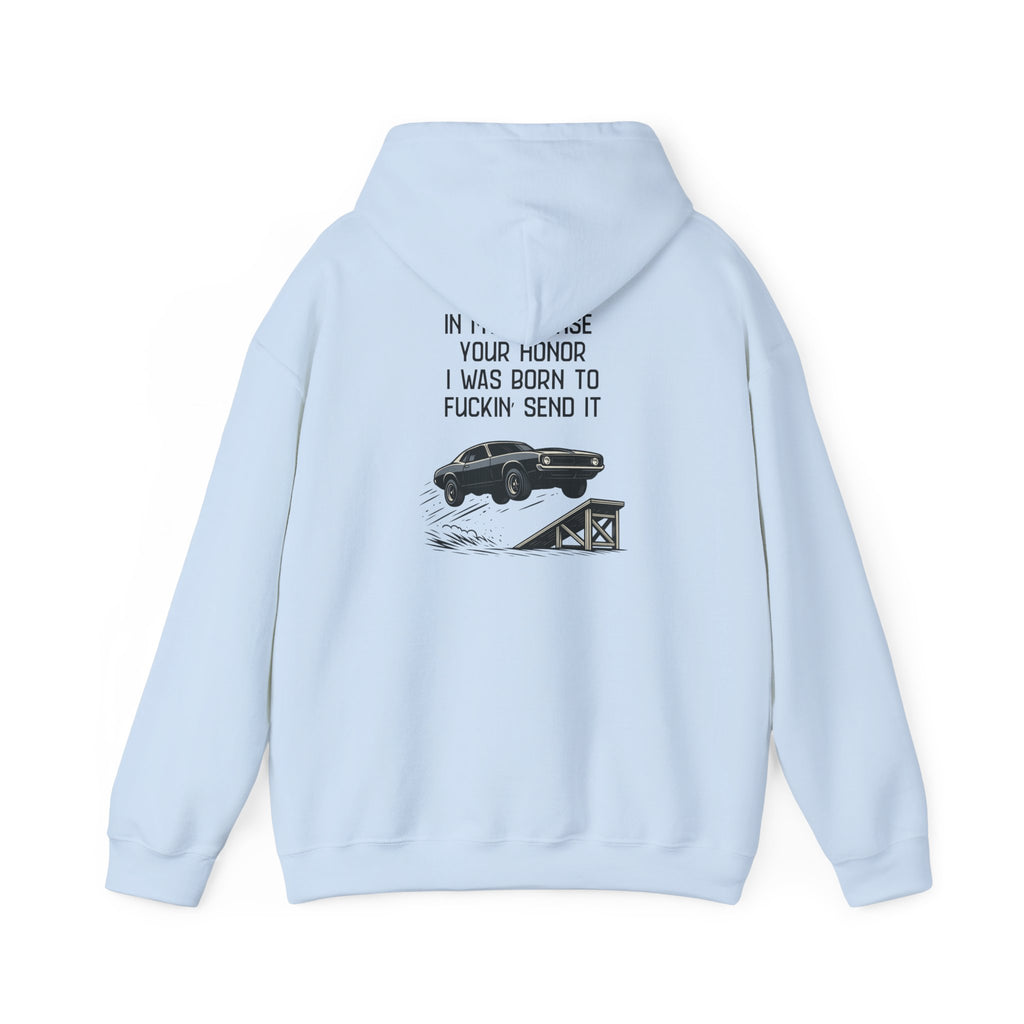 Hoodie — "In My Defense Your Honor I Was Born to Fuckin' Send It" Graphic Hoodie
