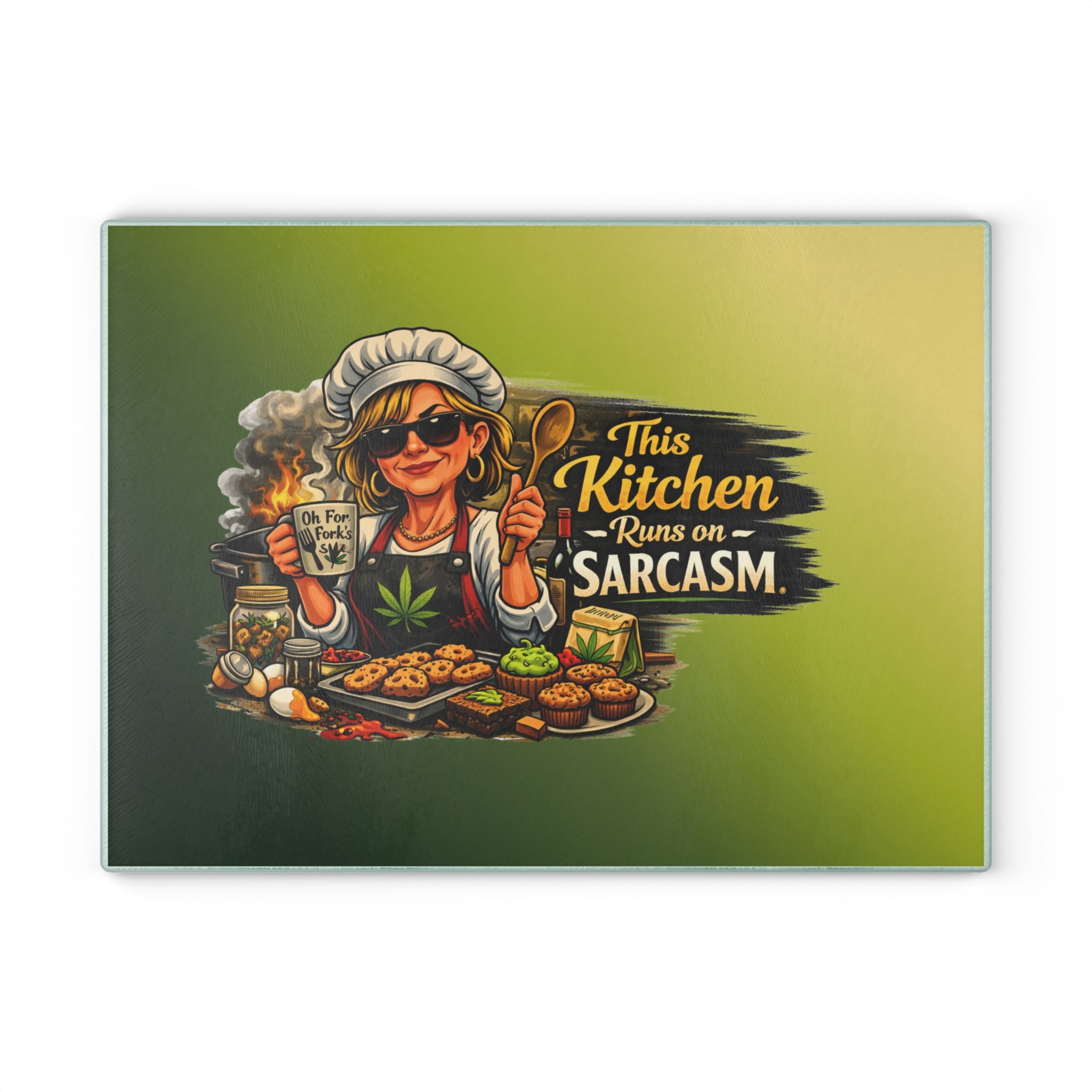 Glass Cutting Board — "This Kitchen Runs on Sarcasm" Chef Design