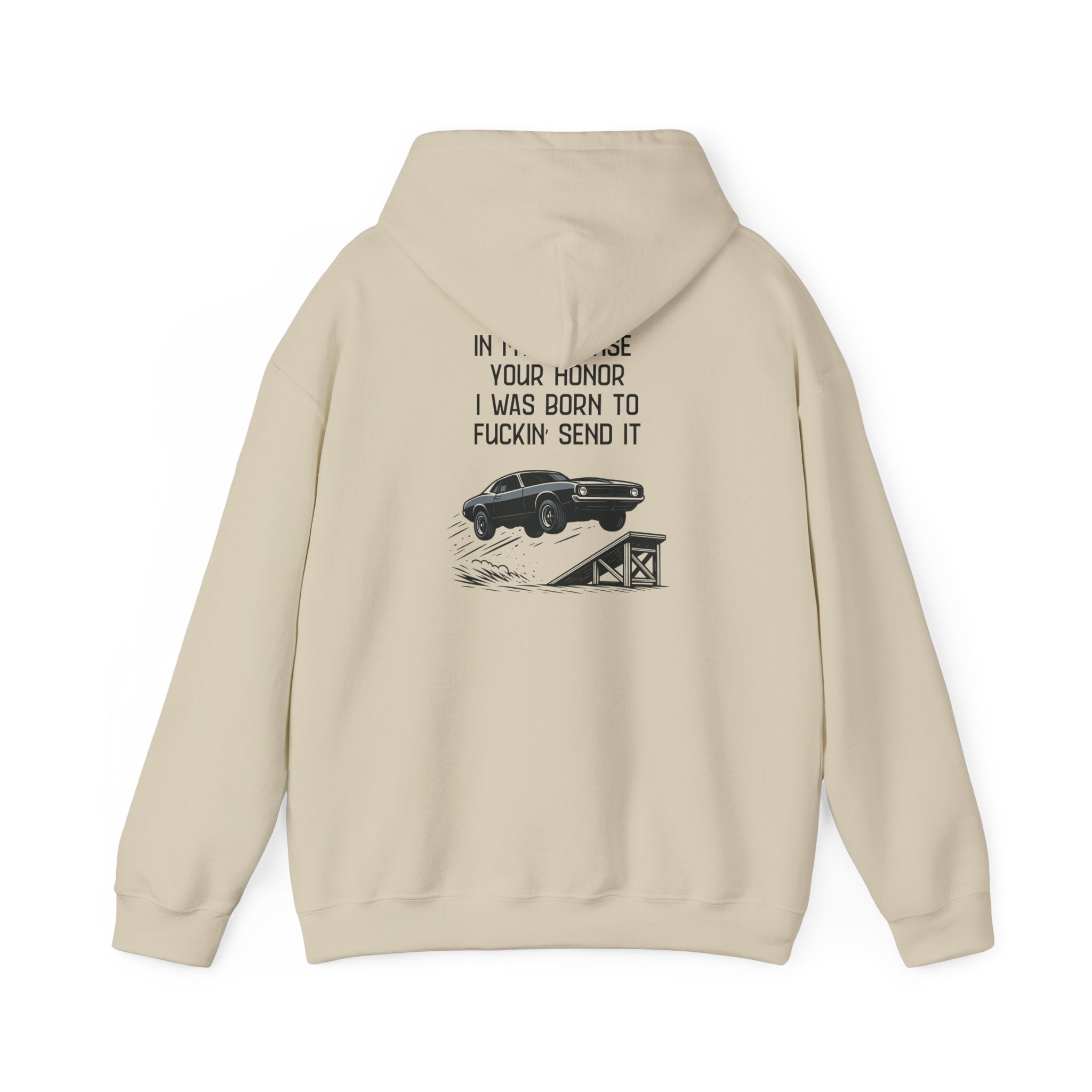 Hoodie — "In My Defense Your Honor I Was Born to Fuckin' Send It" Graphic Hoodie