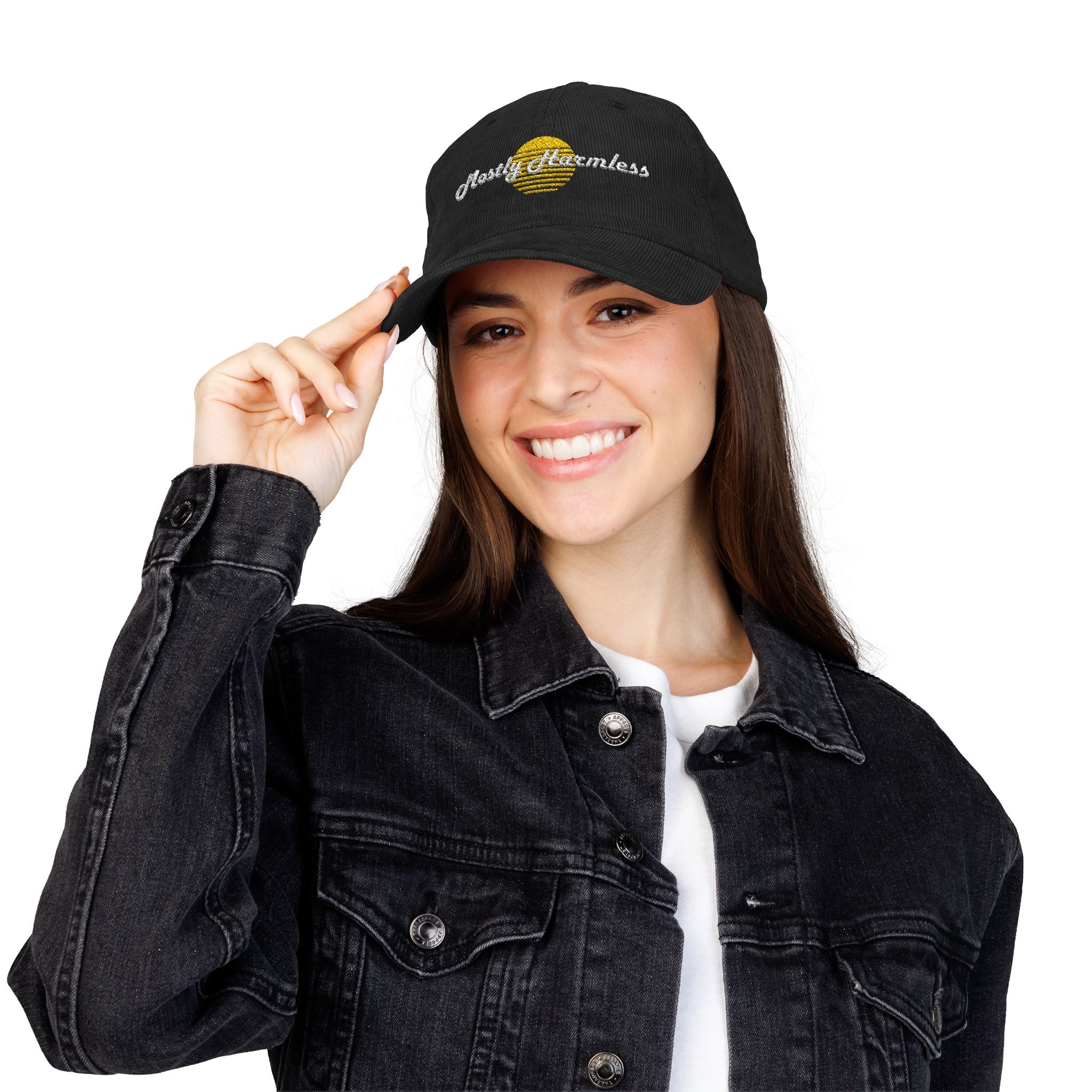 Mostly Harmless Embroidered Corduroy Cap — Vintage Sunset Baseball Hat