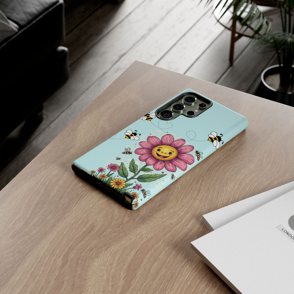 Cute Bee & Smiley Flower Phone Case — Floral Garden Protective Cover