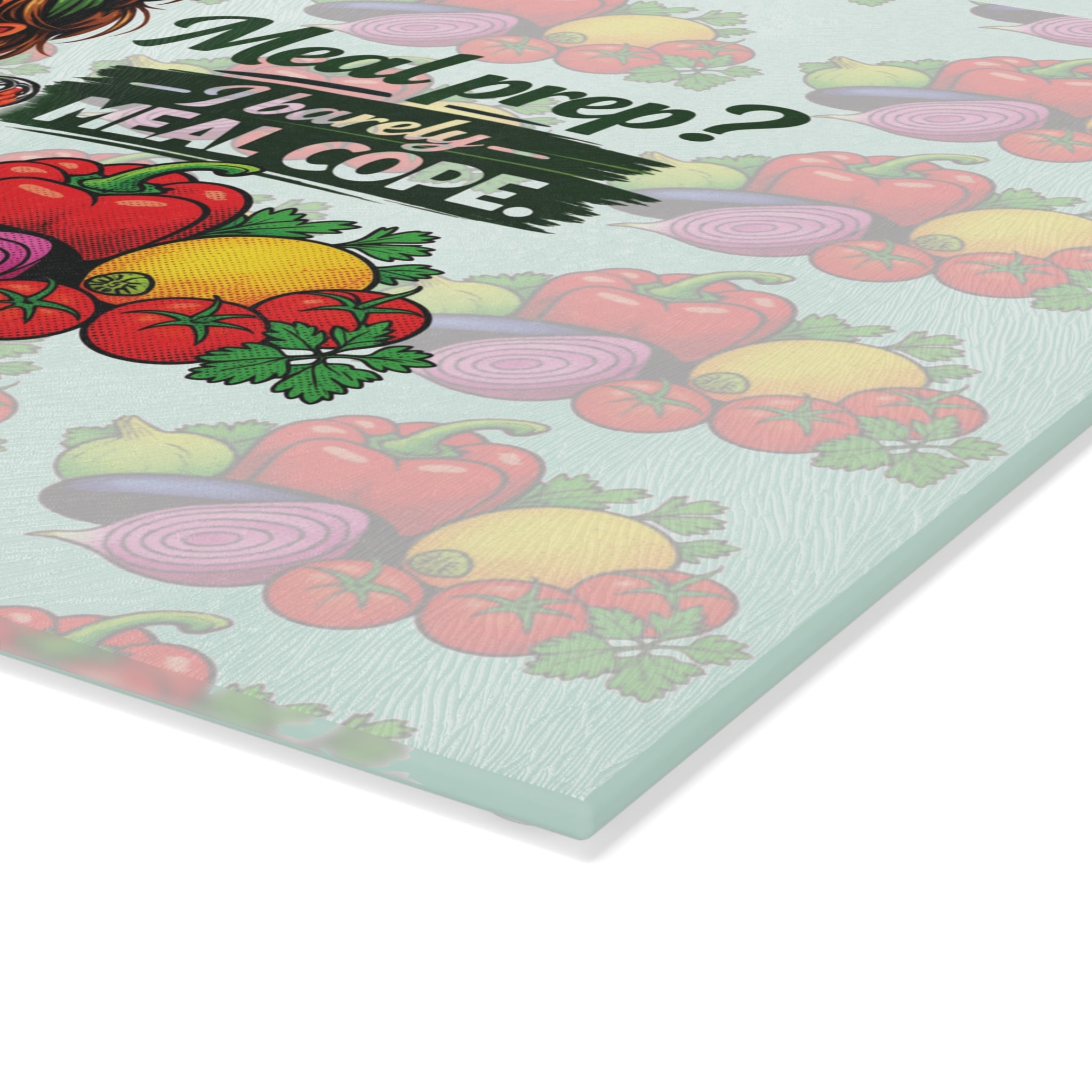 Glass Cutting Board – Funny Meal Prep Kitchen Board: “Meal prep? I barely meal cope.” Vegetable Design