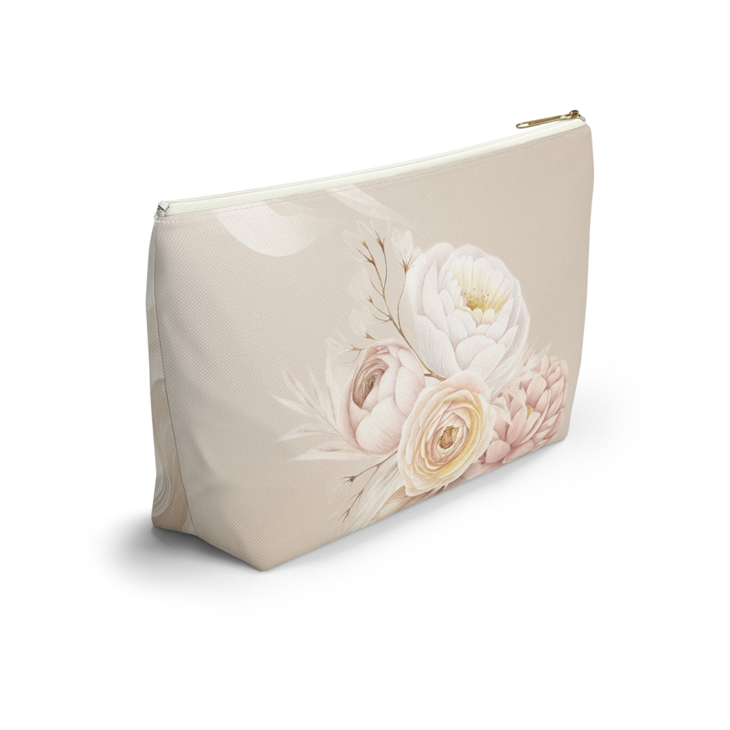 Neutral Tone Bride Floral Accessory Pouch — Bridal Makeup Bag with T‑Bottom