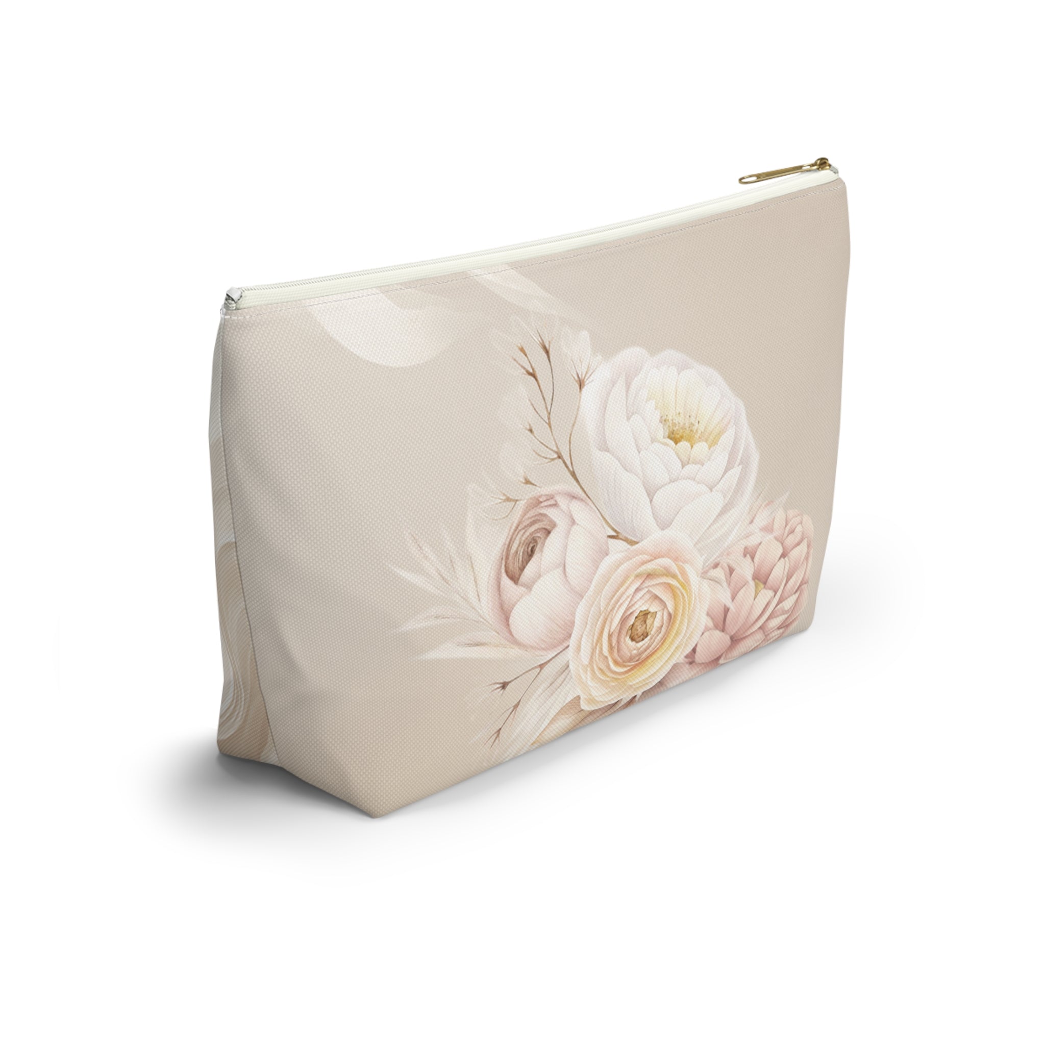 Neutral Tone Bride Floral Accessory Pouch — Bridal Makeup Bag with T‑Bottom