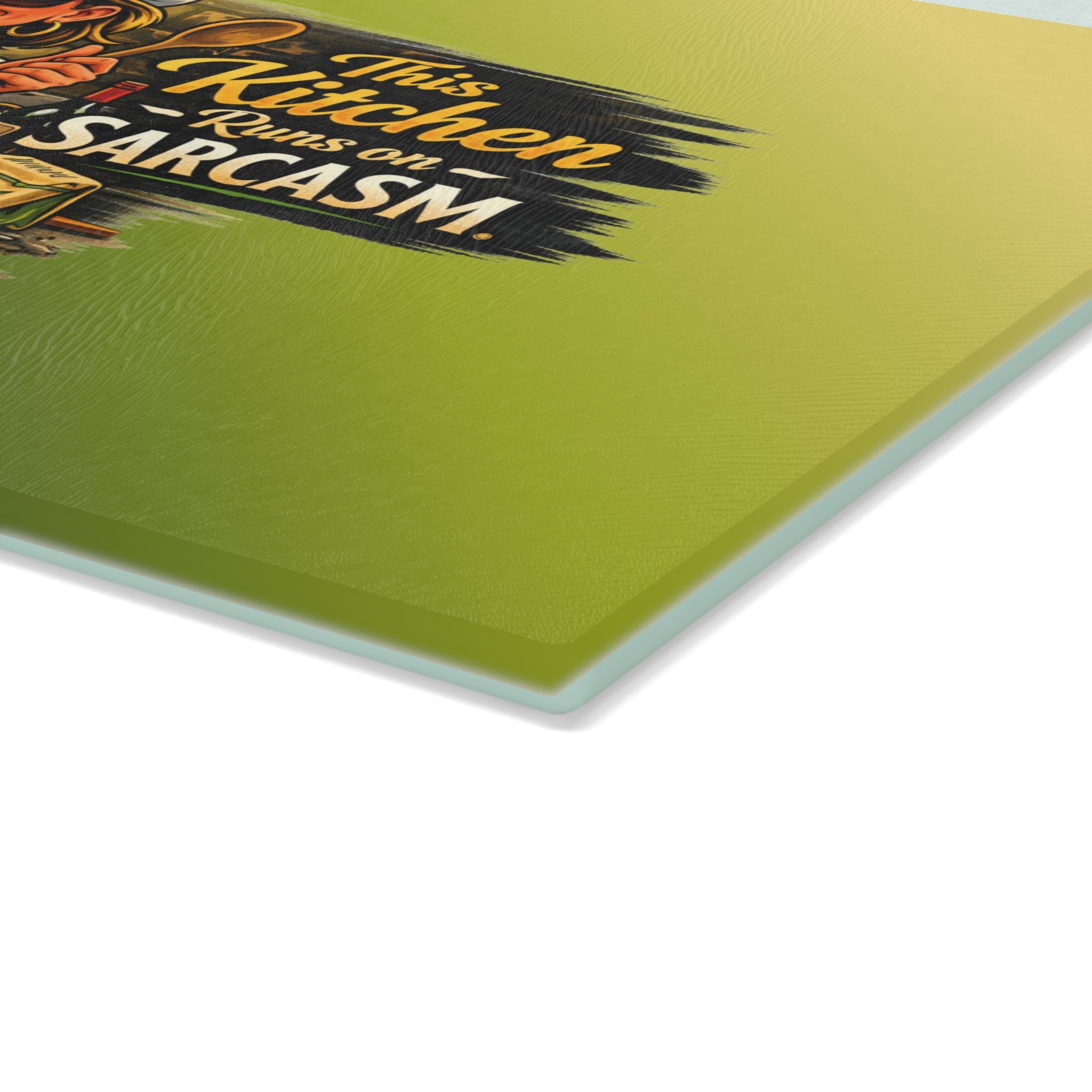 Glass Cutting Board — "This Kitchen Runs on Sarcasm" Chef Design