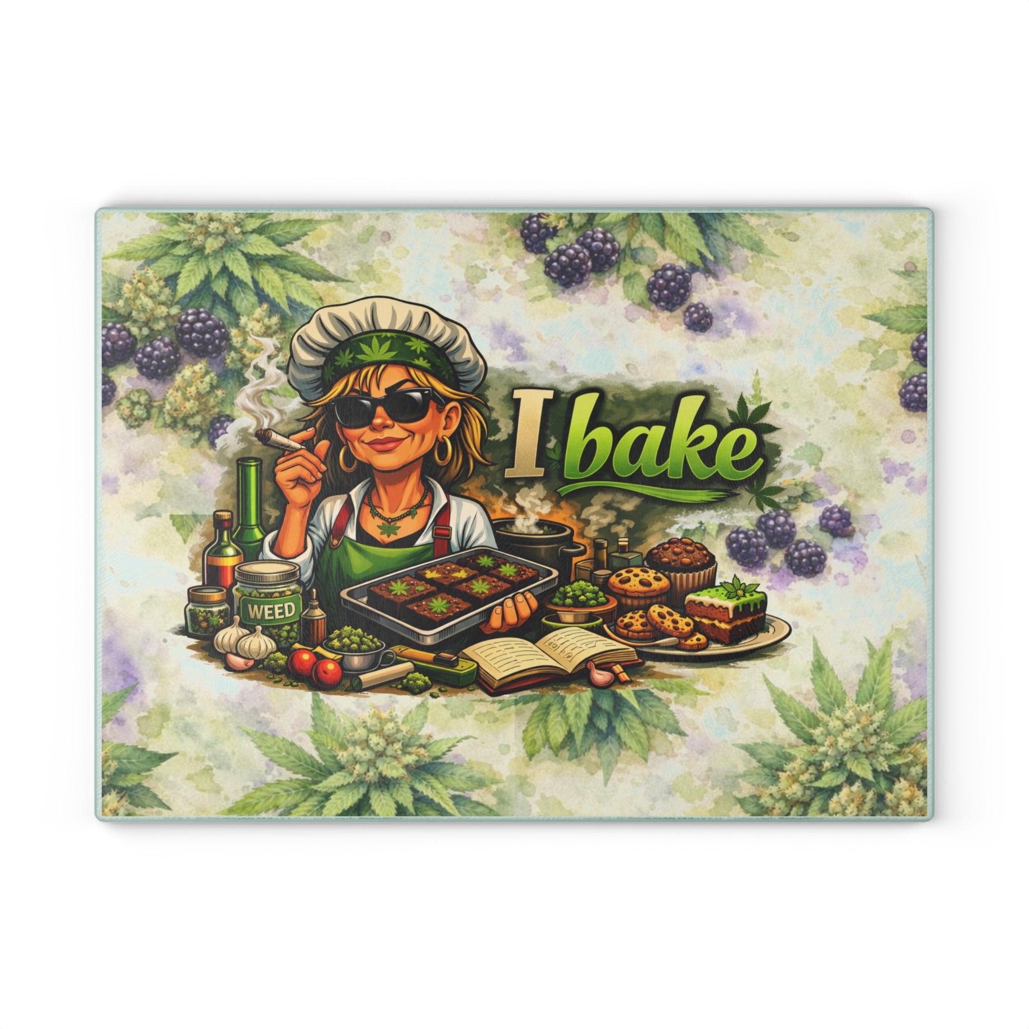 Glass Cutting Board — "I Bake" Weed-Themed Decorative Glass Chopping Board