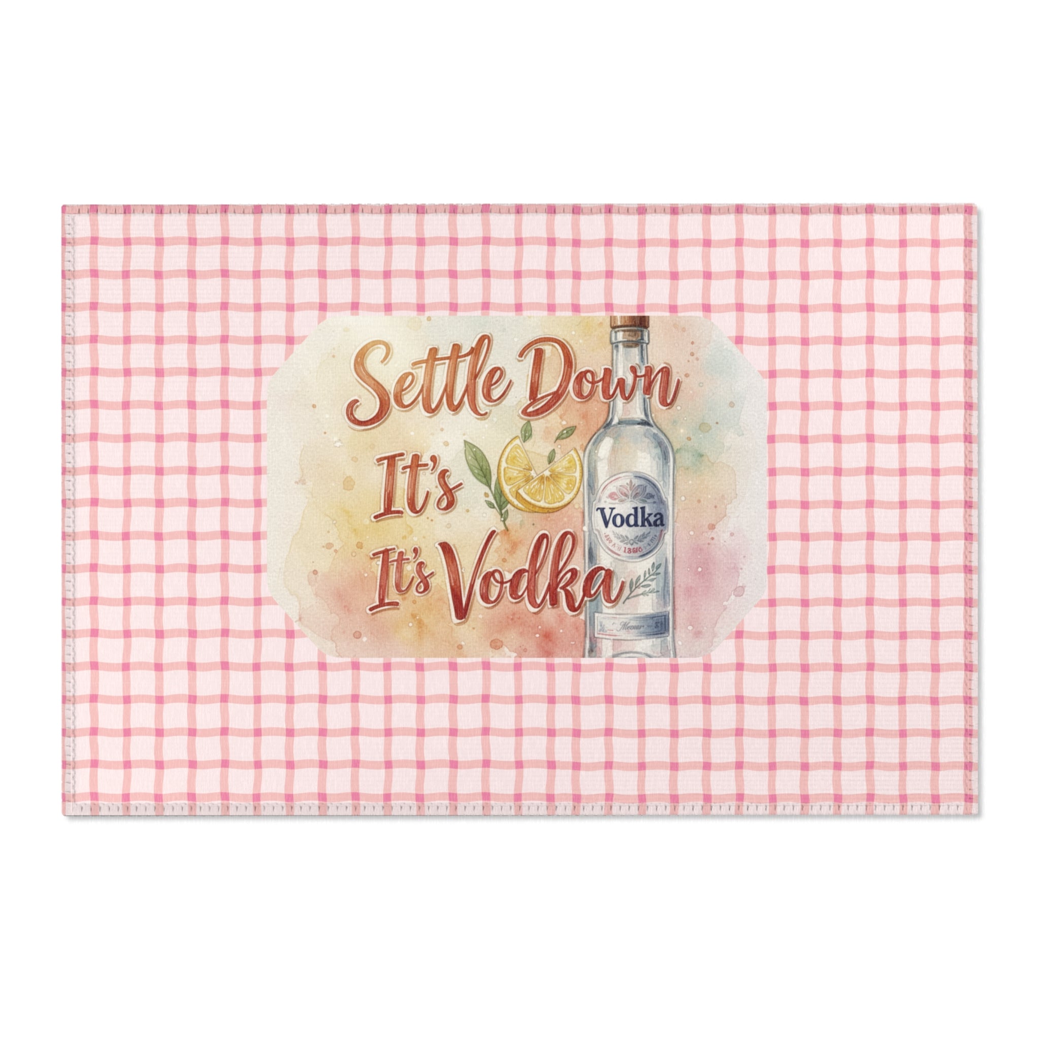 Settle Down It's Vodka Pink Check Area Rug — Funny Kitchen or Bar Floor Mat