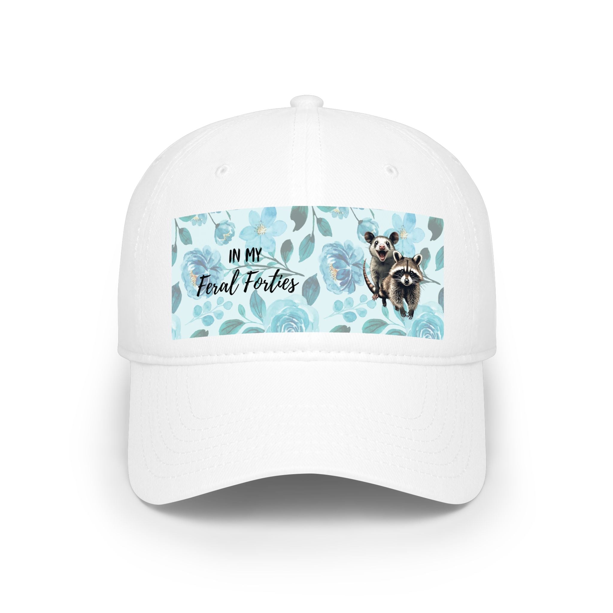 Baseball Cap - "In My Feral Forties" Floral Design with Raccoon & Possum Illustration