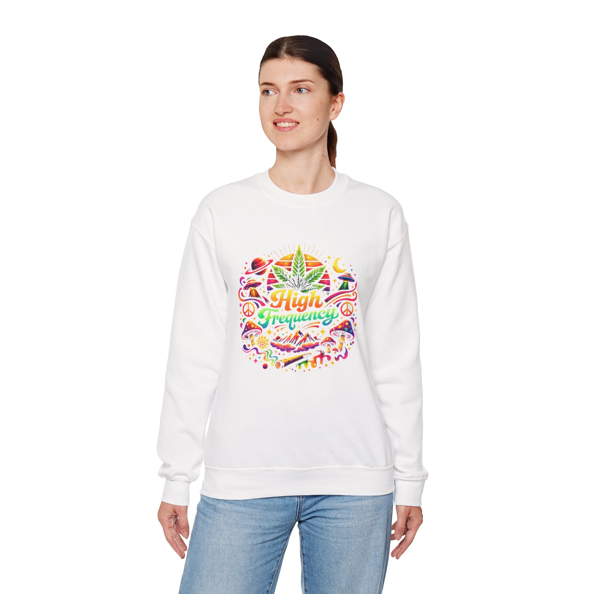 High Frequency Graphic Sweatshirt — Colorful Cannabis Leaf Vibe
