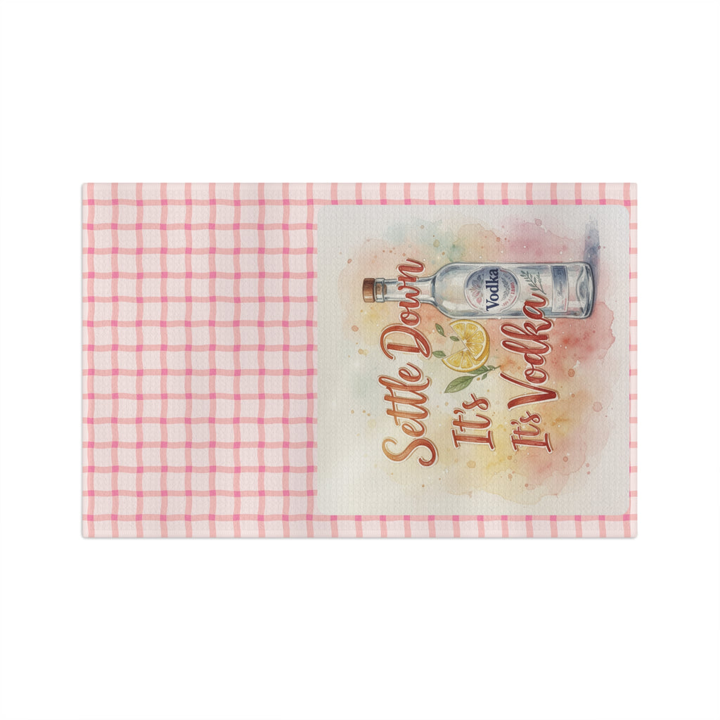 Settle Down It's Vodka Microfiber Tea Towel — Funny Bar Kitchen Towel, Pink Check Cocktail Gift