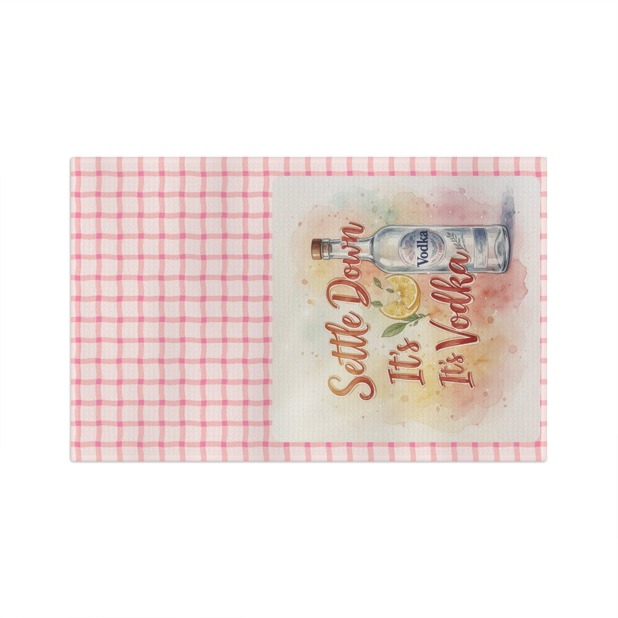 Settle Down It's Vodka Microfiber Tea Towel — Funny Bar Kitchen Towel, Pink Check Cocktail Gift