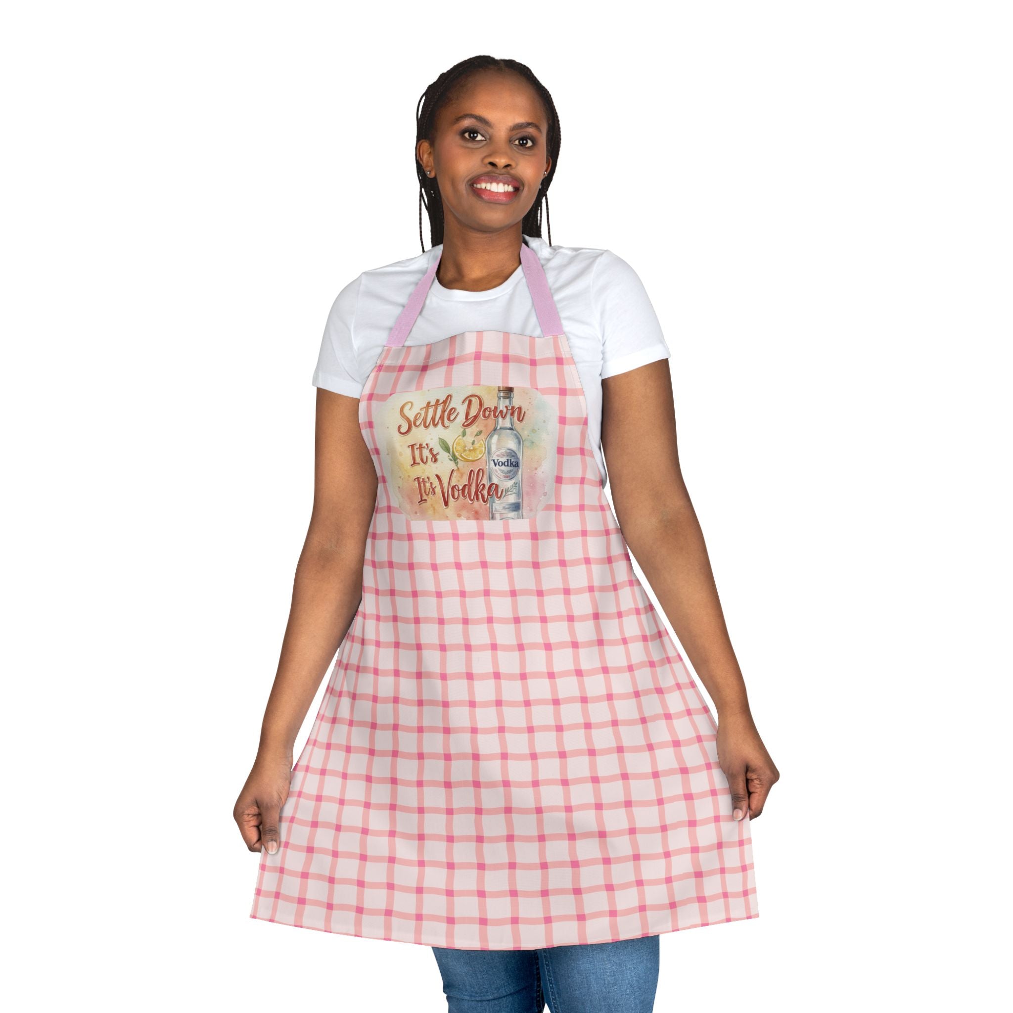 Apron — "Settle Down It's Vodka" Pink Check Kitchen Apron