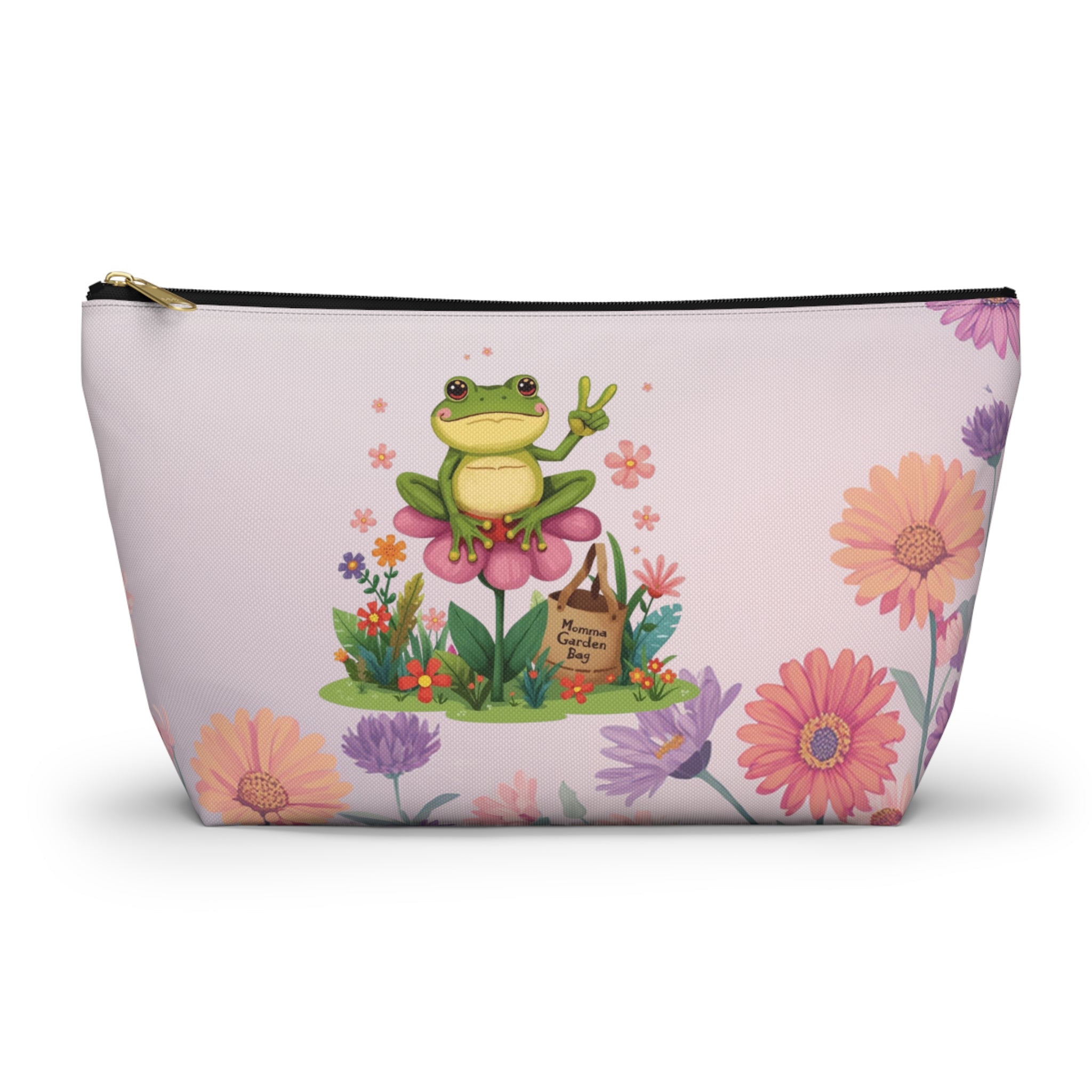 Frog in Bloom "Momma's Garden Bag" Floral Accessory Pouch — Cute Zippered Bag with T‑Bottom