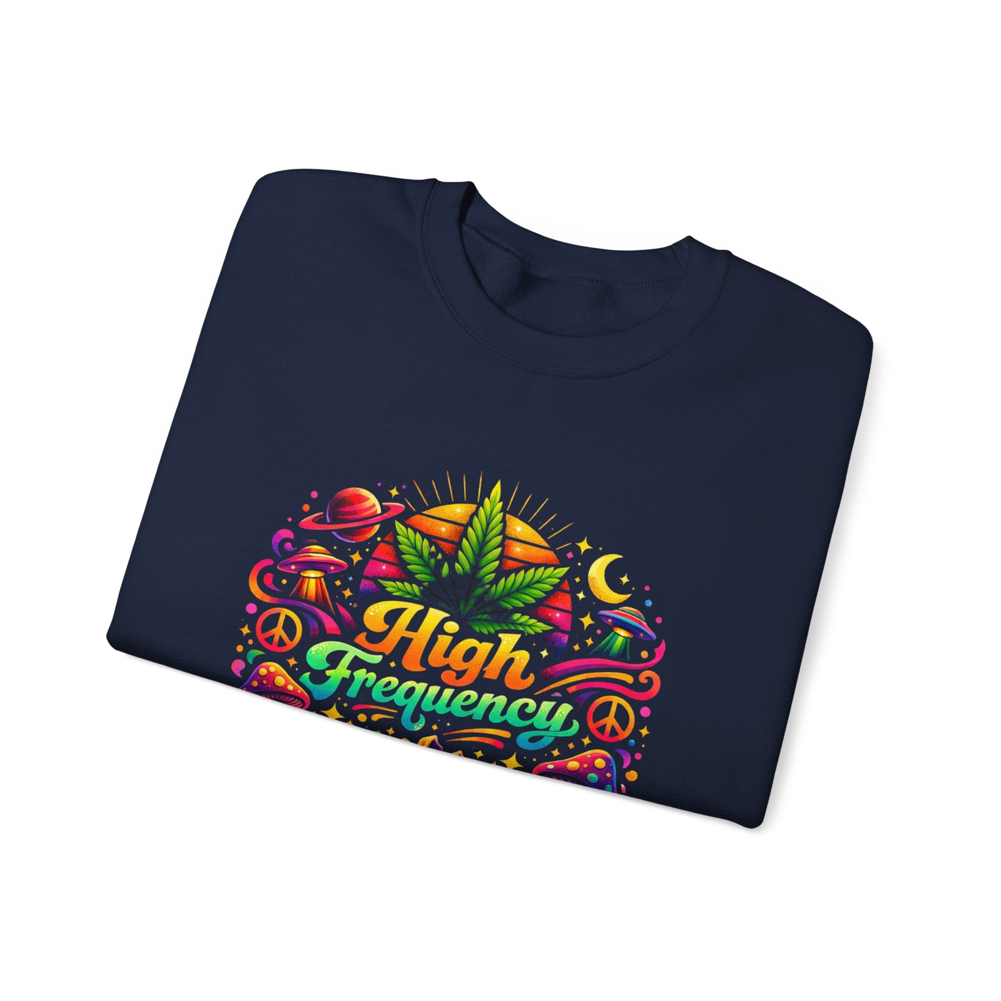 High Frequency Graphic Sweatshirt — Colorful Cannabis Leaf Vibe