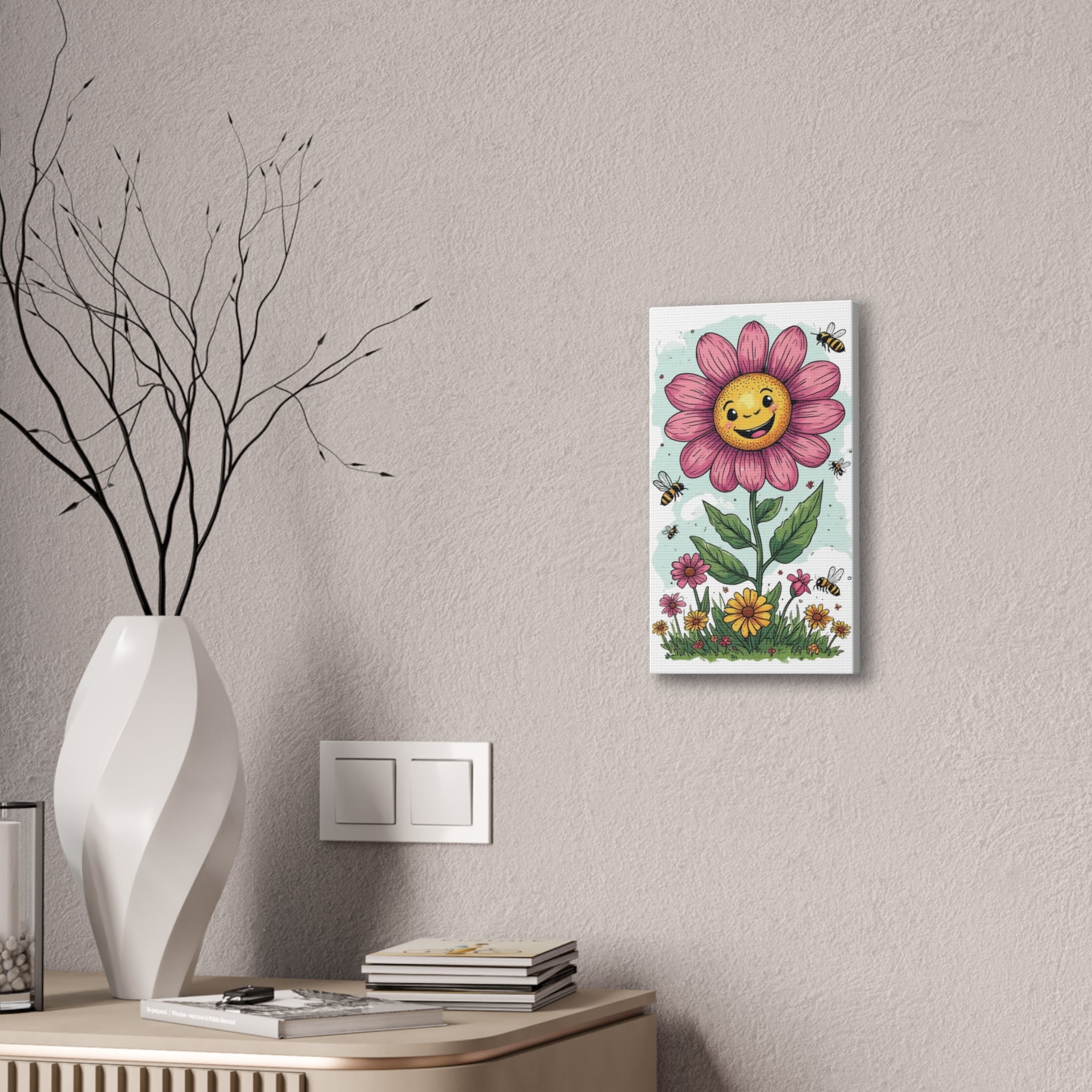 Happy Flower Canvas Print – Smiling Daisy Wall Art with Bees (Canvas Stretched 0.75")