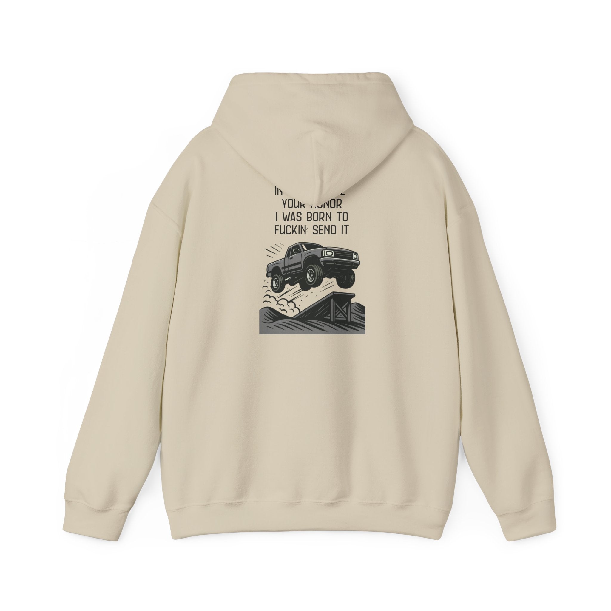 Hoodie — "In My Defense Your Honor" Truck Jump Graphic Pullover