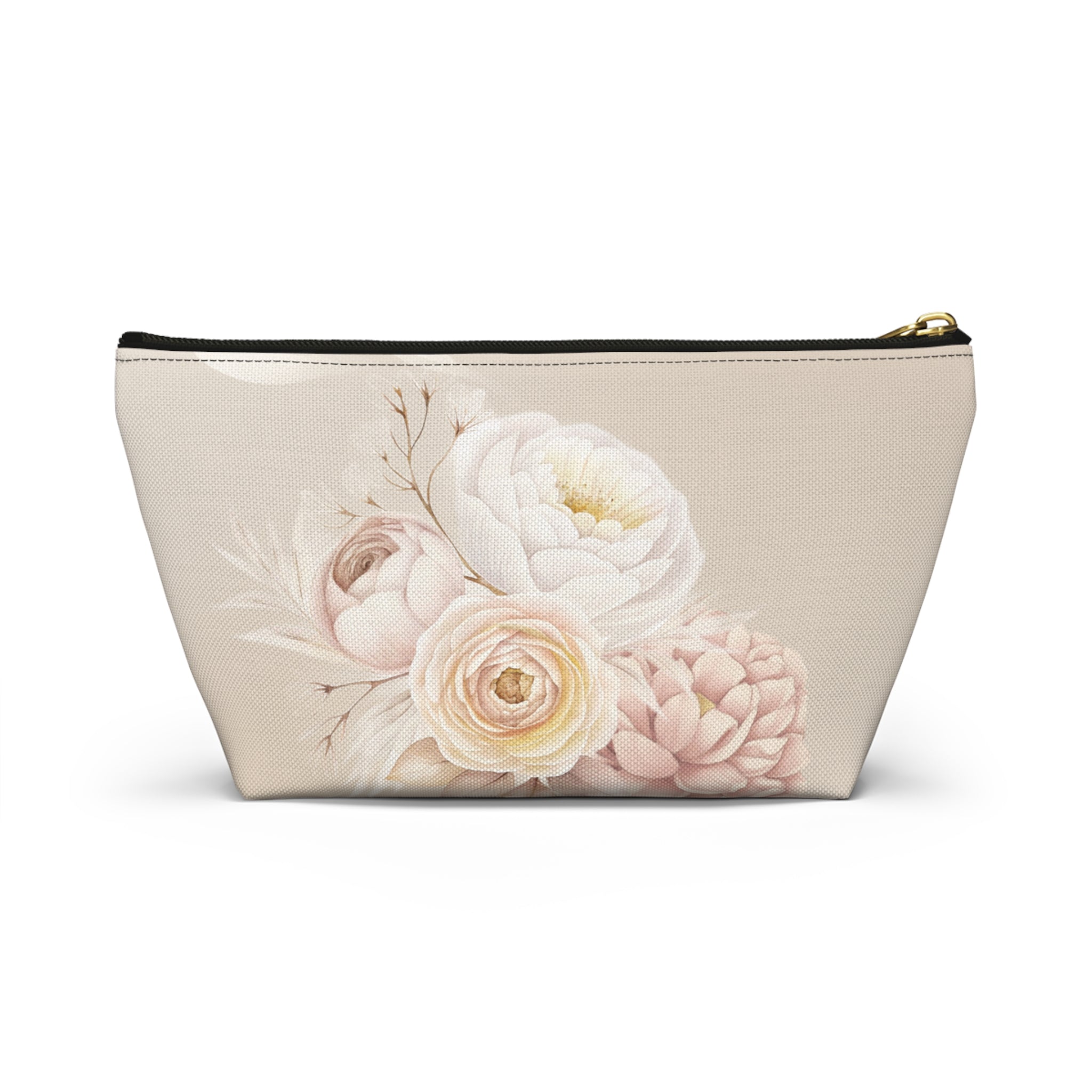 Neutral Tone Bride Floral Accessory Pouch — Bridal Makeup Bag with T‑Bottom