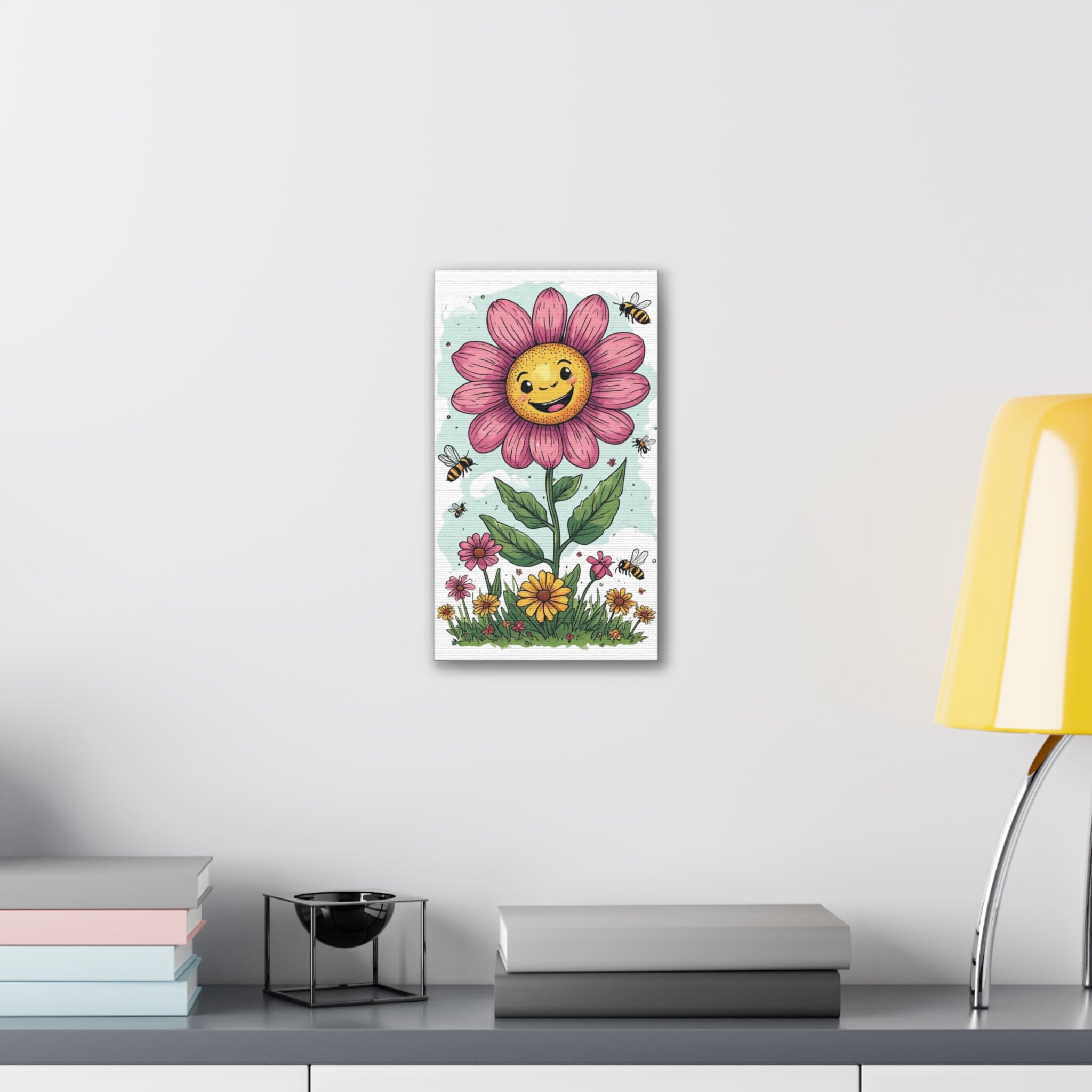 Happy Flower Canvas Print – Smiling Daisy Wall Art with Bees (Canvas Stretched 0.75")