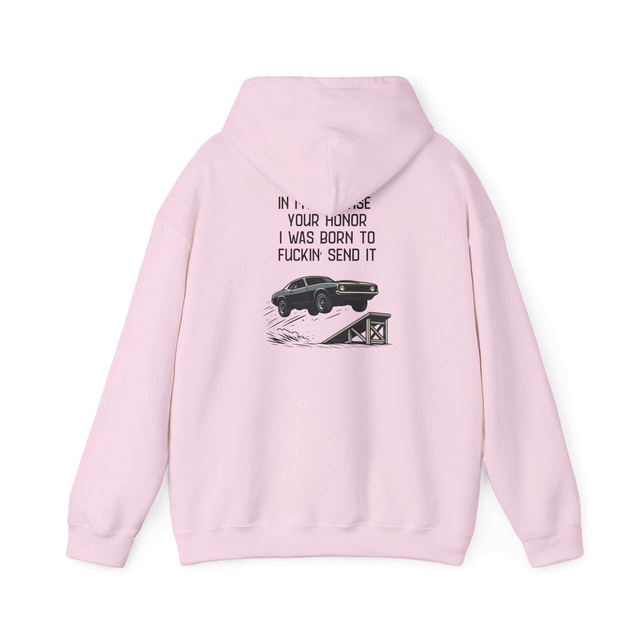 Hoodie — "In My Defense Your Honor I Was Born to Fuckin' Send It" Graphic Hoodie
