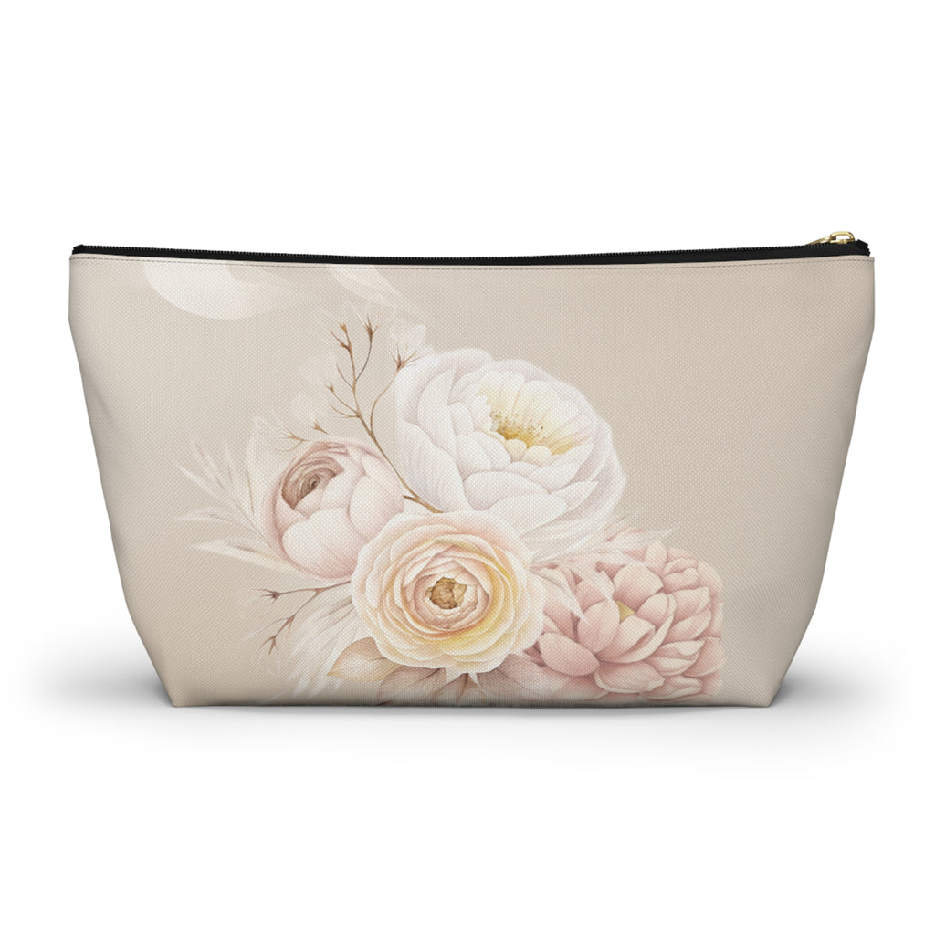 Neutral Tone Bride Floral Accessory Pouch — Bridal Makeup Bag with T‑Bottom