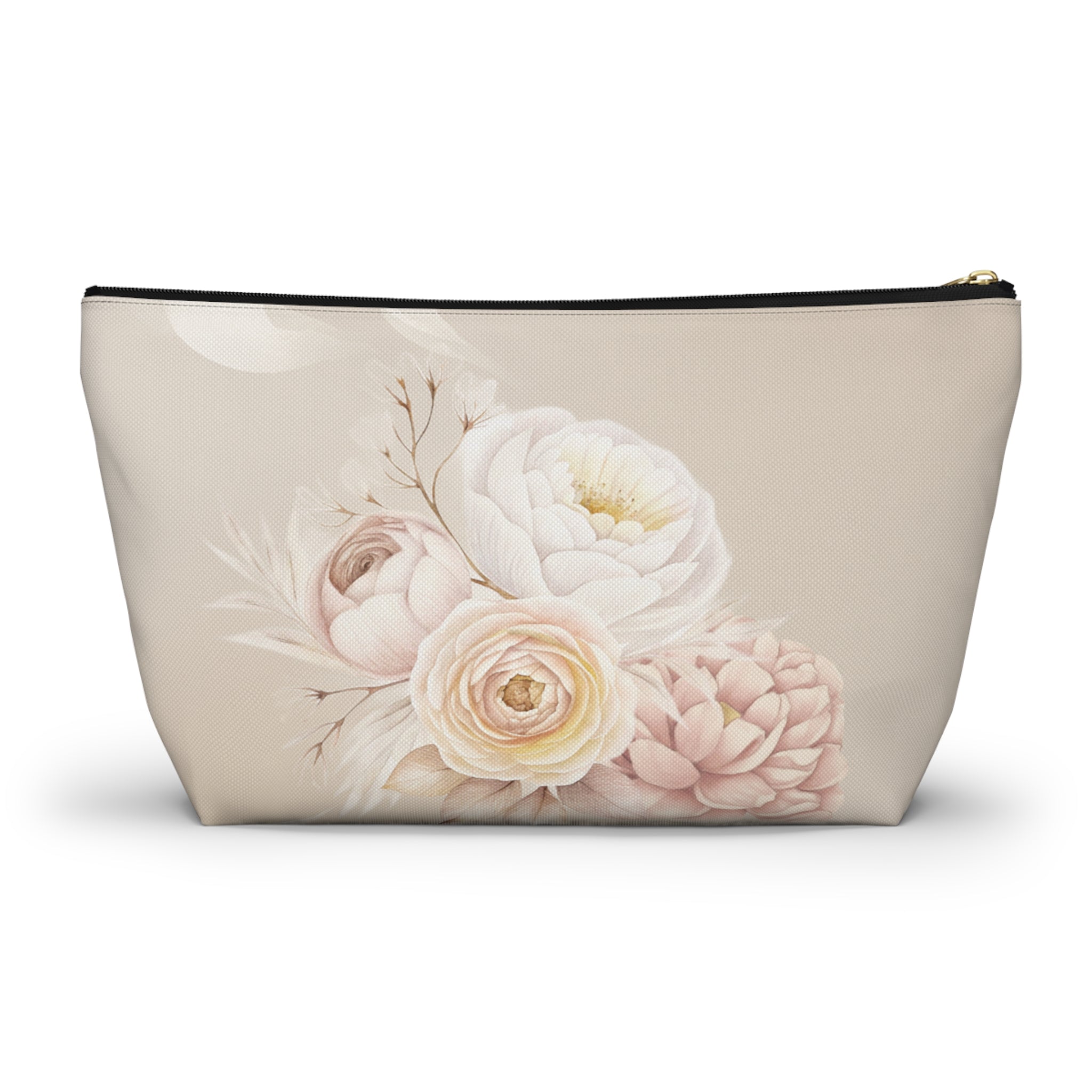 Neutral Tone Bride Floral Accessory Pouch — Bridal Makeup Bag with T‑Bottom
