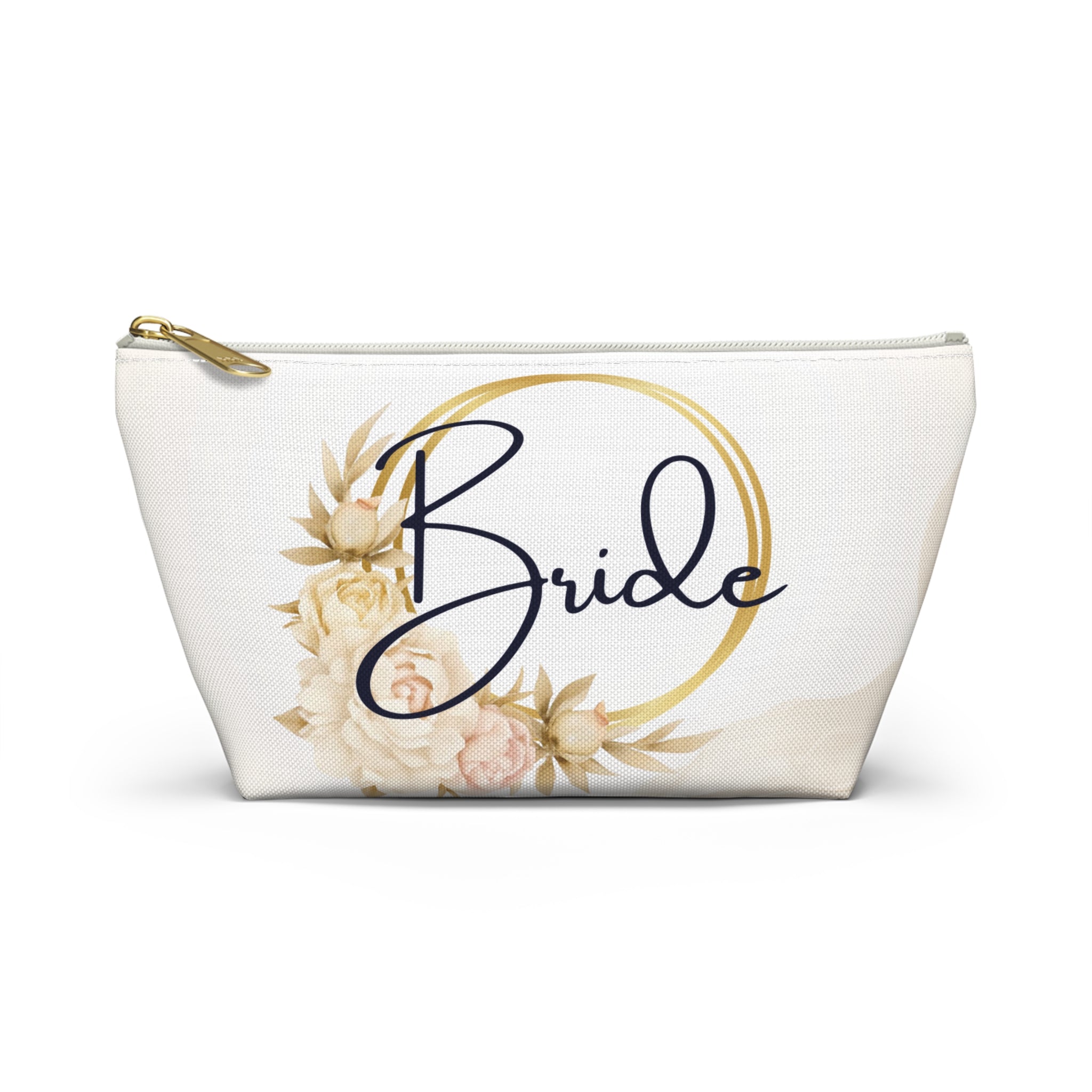 Neutral Tone Bride Floral Accessory Pouch — Bridal Makeup Bag with T‑Bottom