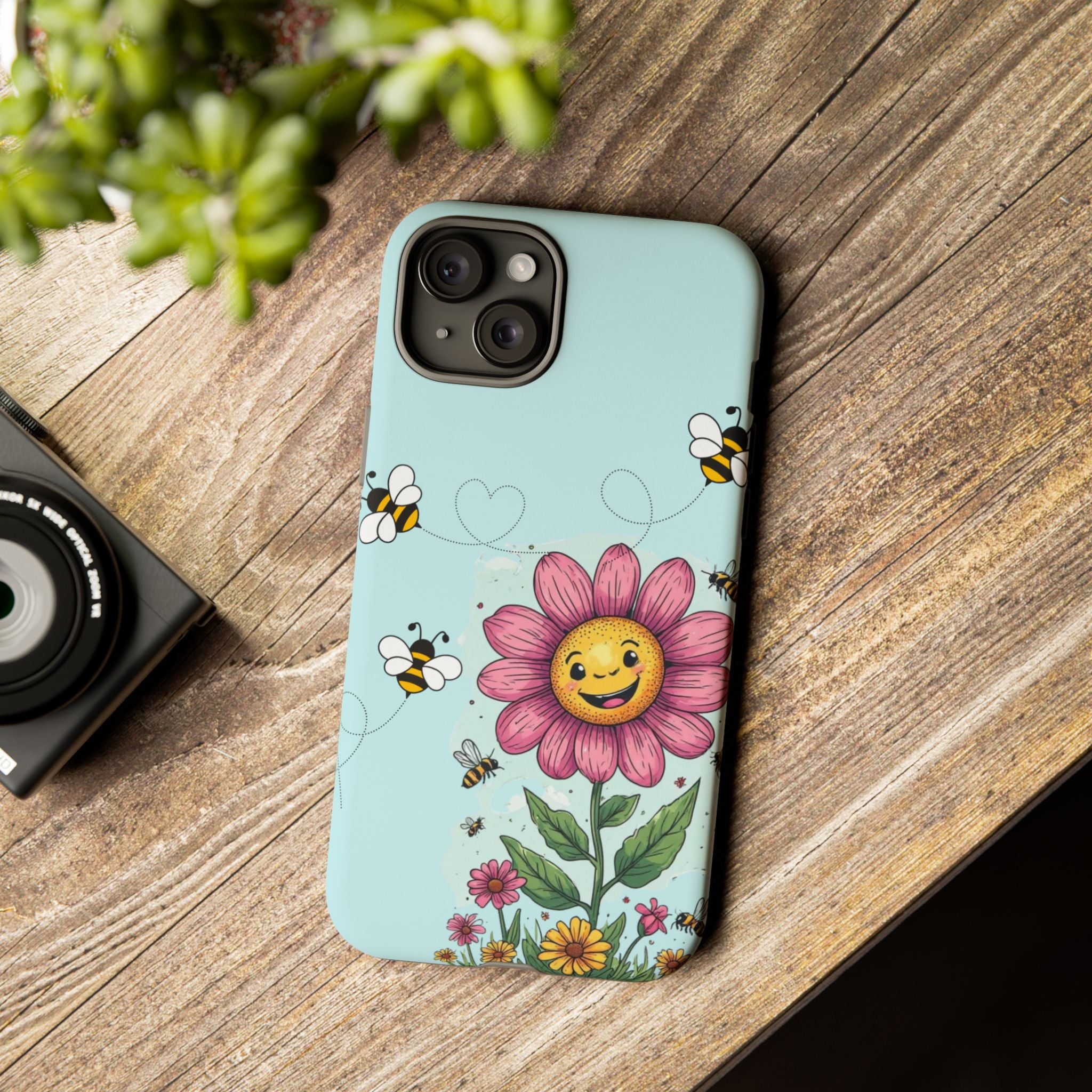 Cute Bee & Smiley Flower Phone Case — Floral Garden Protective Cover
