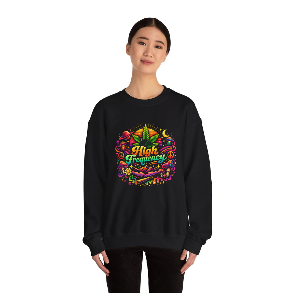 High Frequency Graphic Sweatshirt — Colorful Cannabis Leaf Vibe