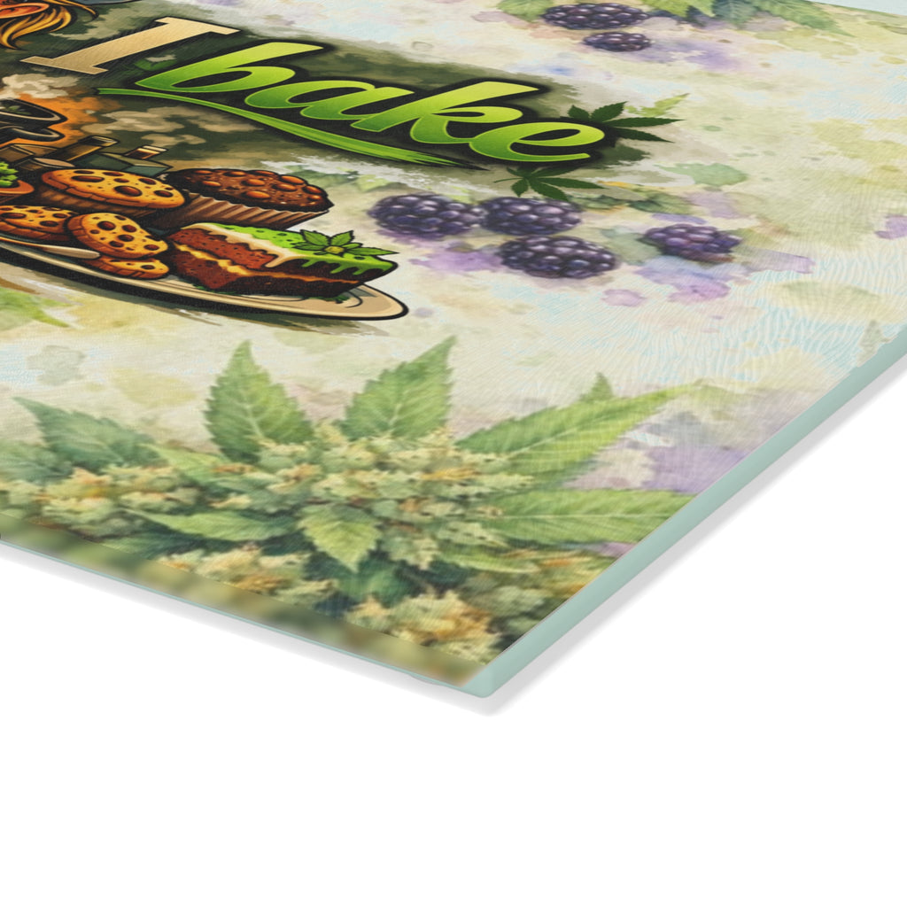 Glass Cutting Board — "I Bake" Weed-Themed Decorative Glass Chopping Board