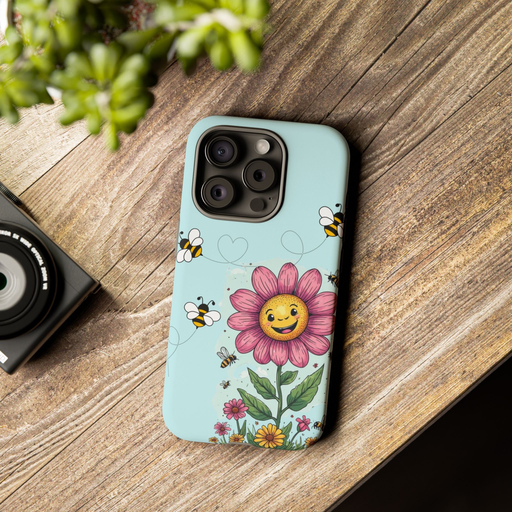 Cute Bee & Smiley Flower Phone Case — Floral Garden Protective Cover
