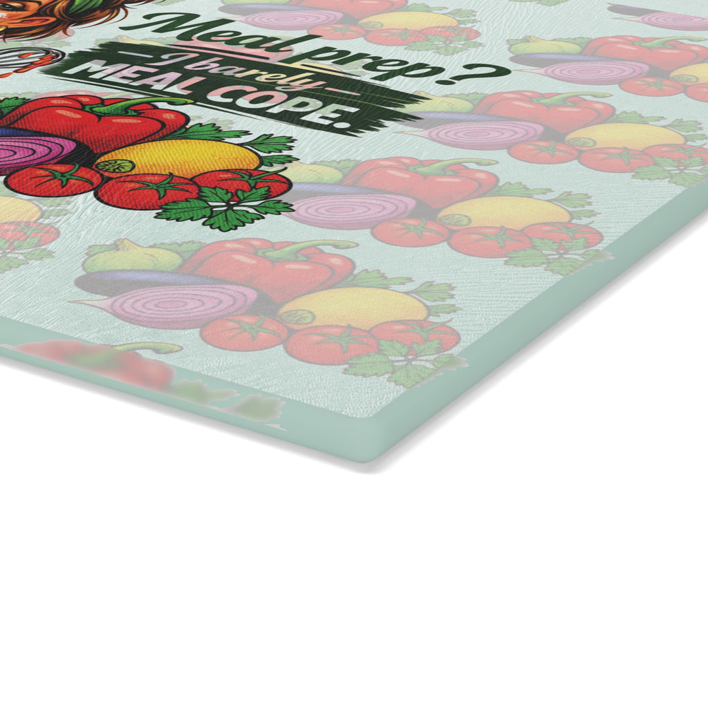 Glass Cutting Board – Funny Meal Prep Kitchen Board: “Meal prep? I barely meal cope.” Vegetable Design