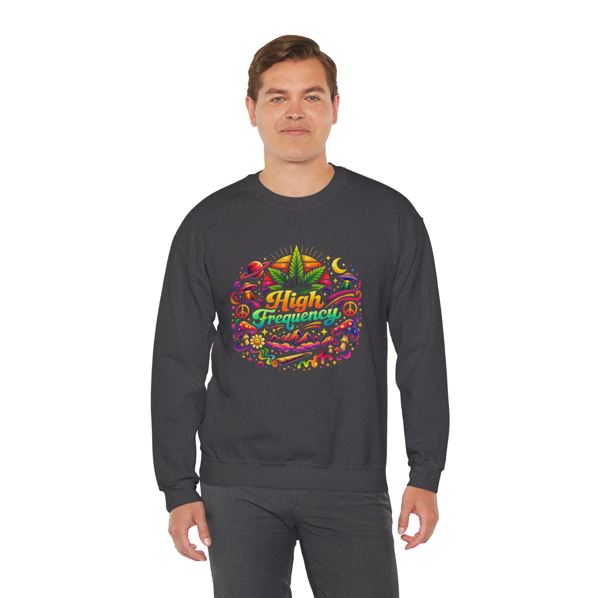 High Frequency Graphic Sweatshirt — Colorful Cannabis Leaf Vibe