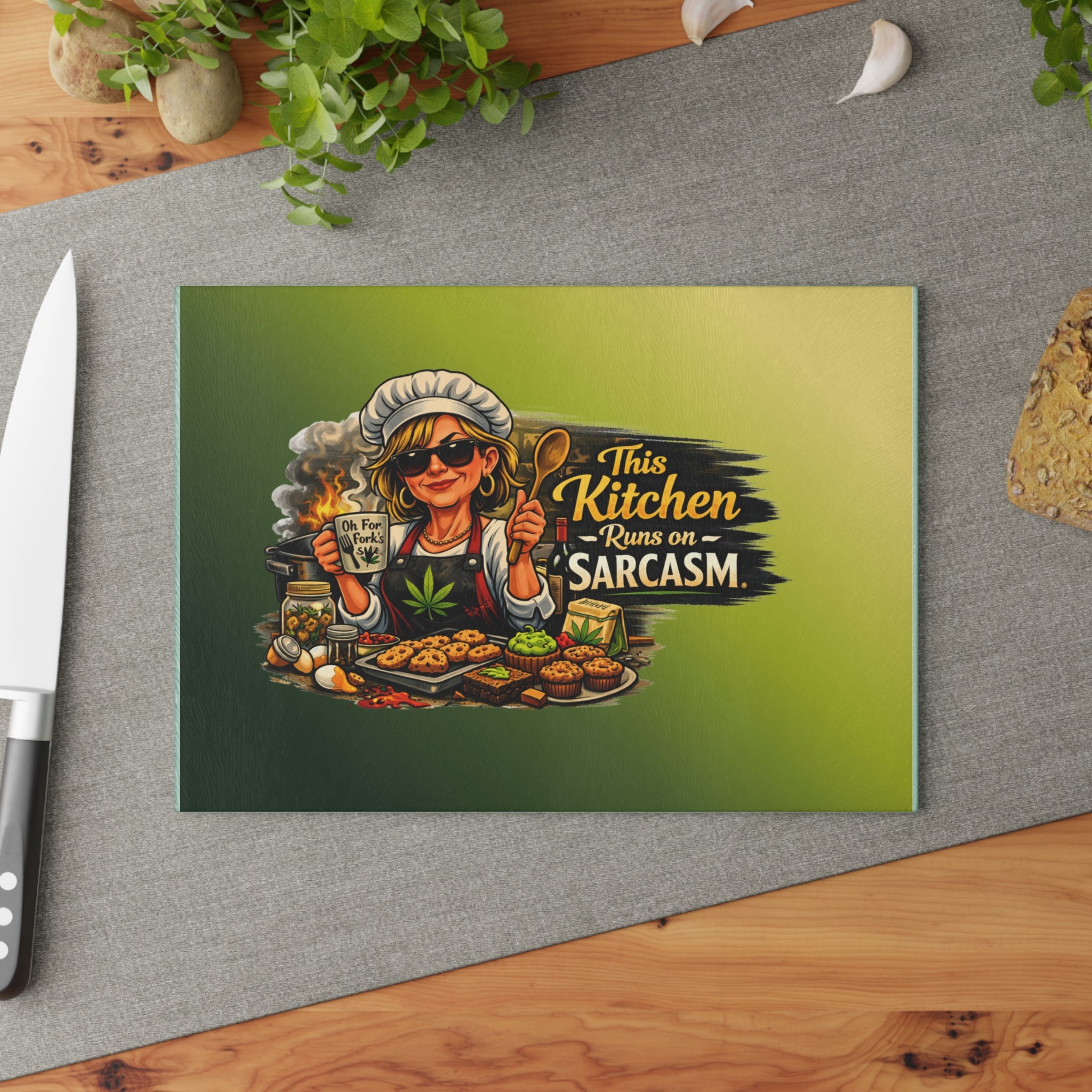 Glass Cutting Board — "This Kitchen Runs on Sarcasm" Chef Design
