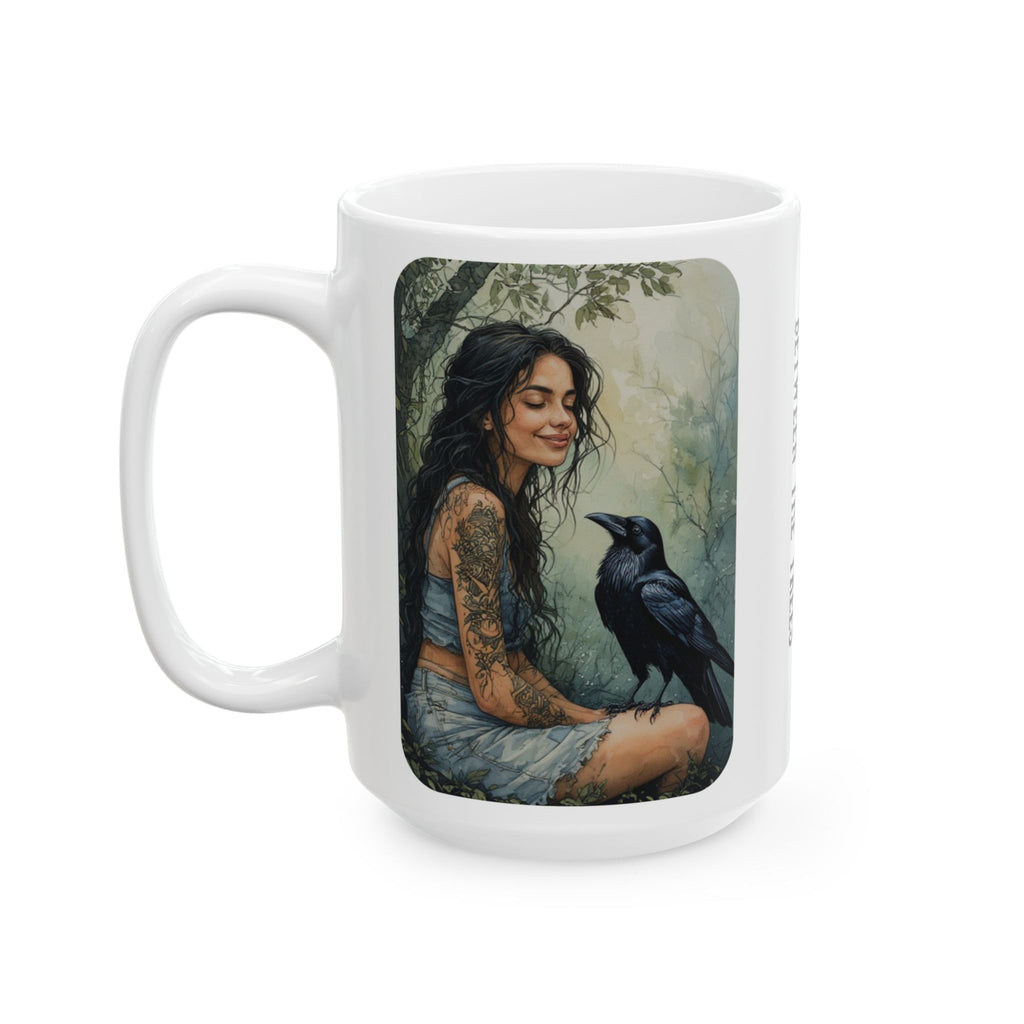 She Listens to the Silence Between the Trees Ceramic Mug — Nature Lover Coffee Cup (15oz)