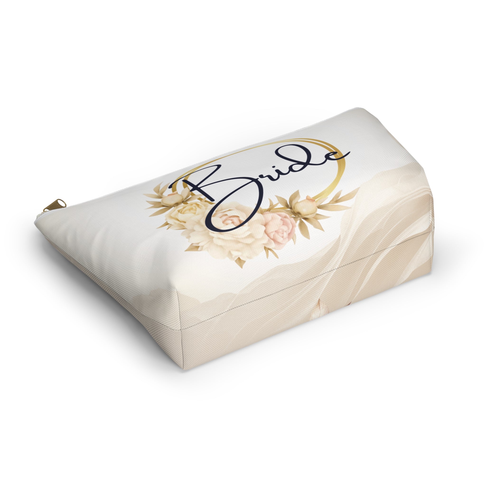 Neutral Tone Bride Floral Accessory Pouch — Bridal Makeup Bag with T‑Bottom