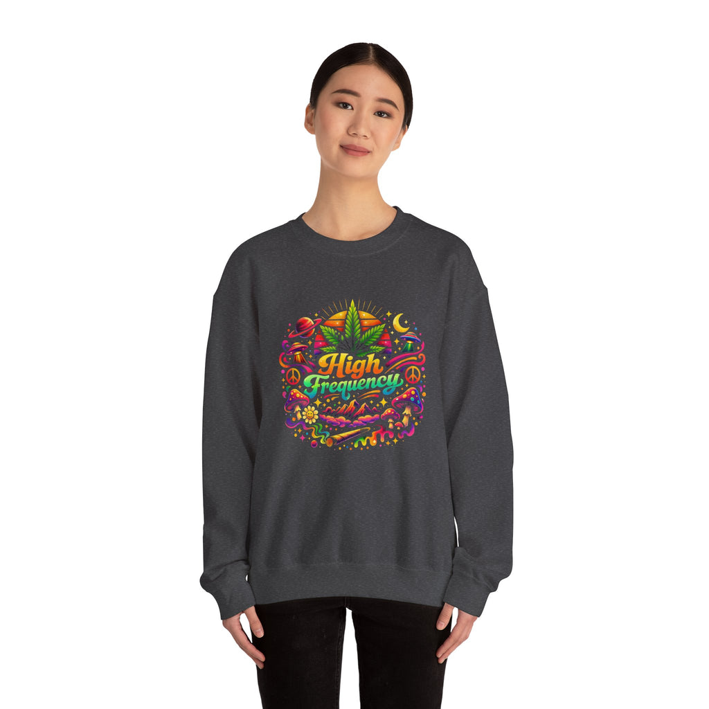 High Frequency Graphic Sweatshirt — Colorful Cannabis Leaf Vibe