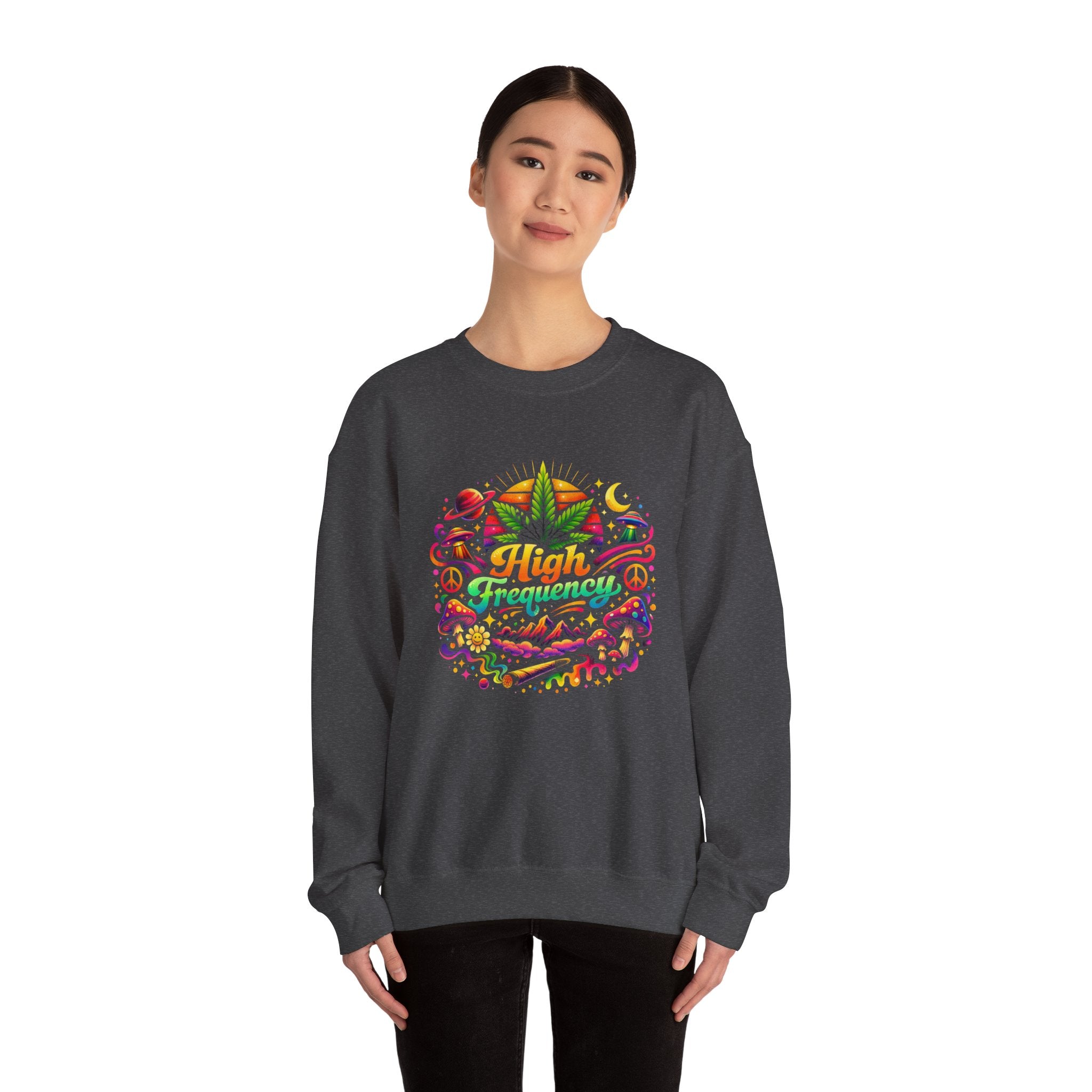 High Frequency Graphic Sweatshirt — Colorful Cannabis Leaf Vibe