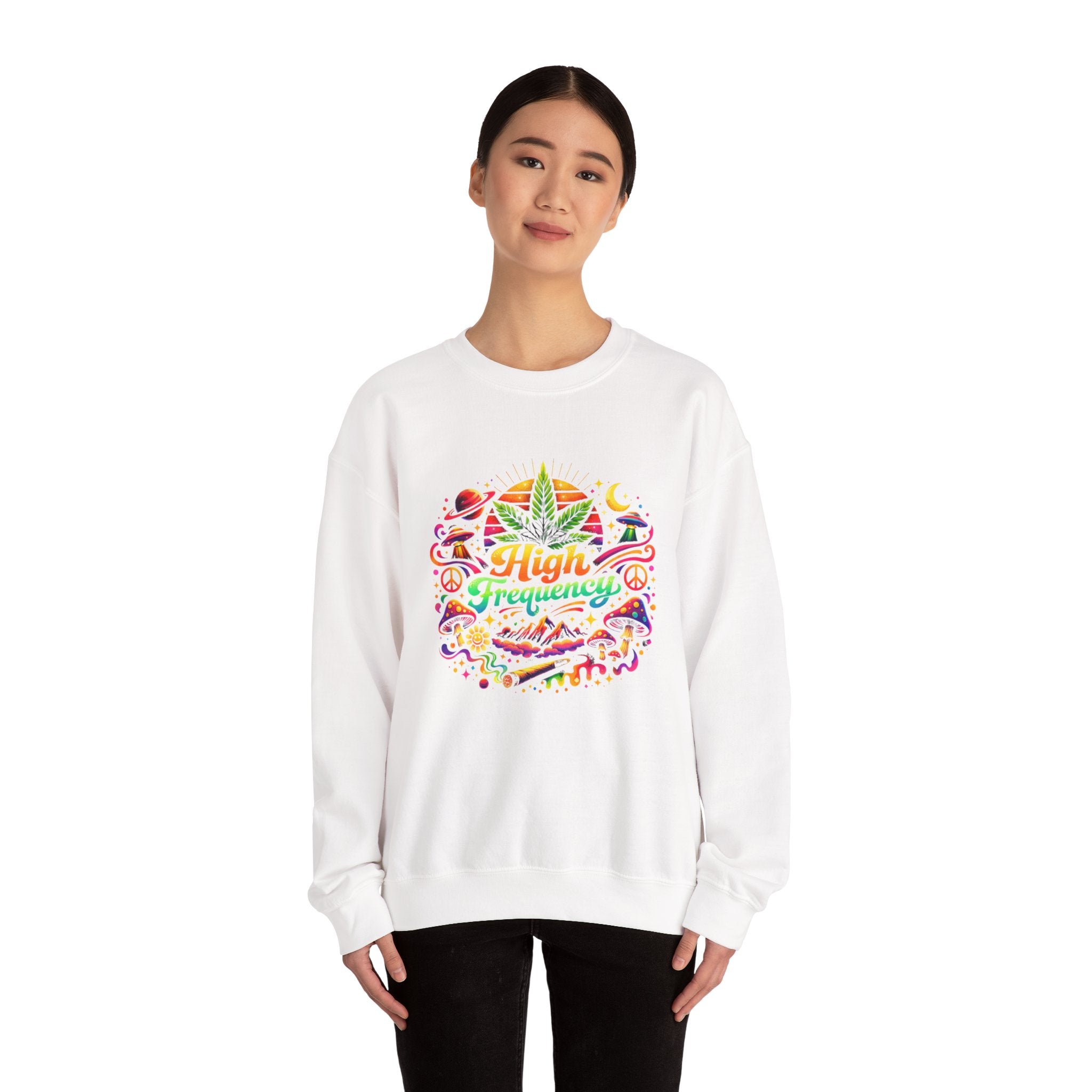 High Frequency Graphic Sweatshirt — Colorful Cannabis Leaf Vibe