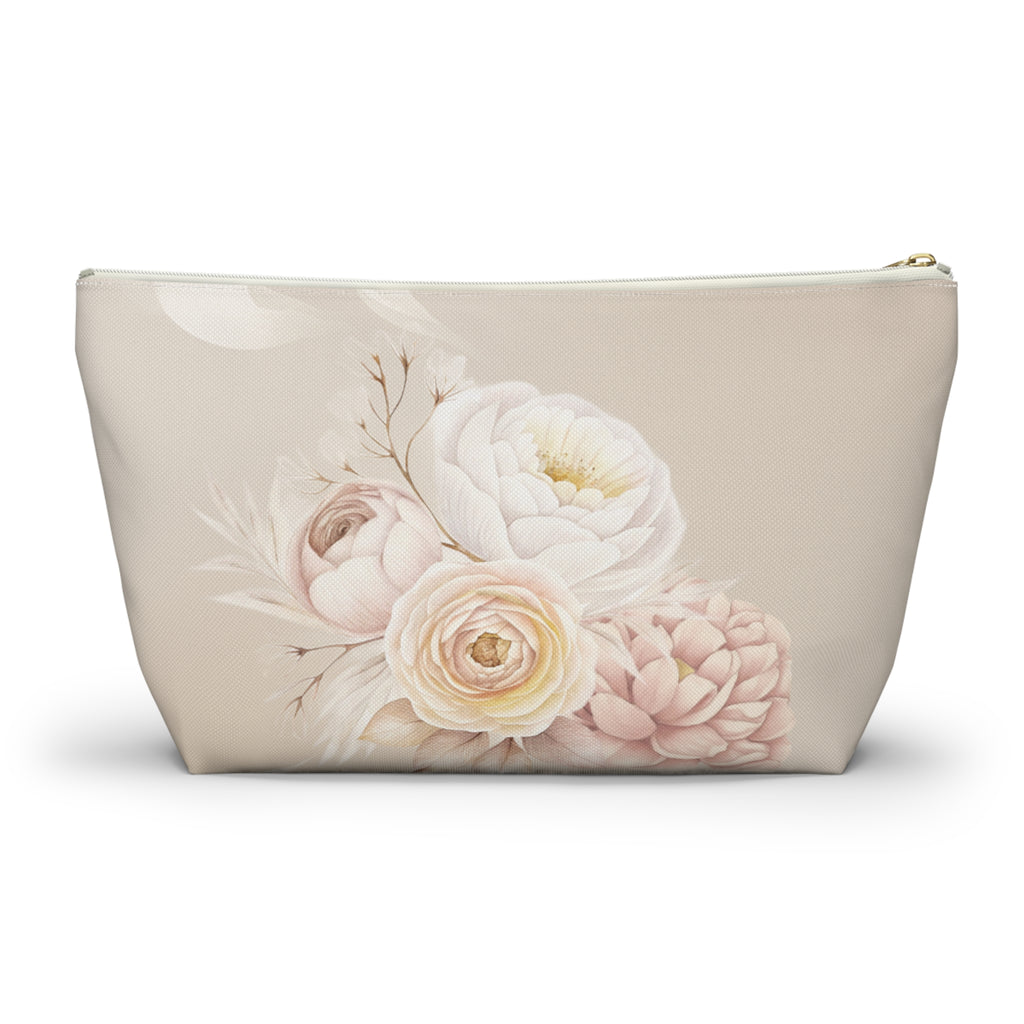 Neutral Tone Bride Floral Accessory Pouch — Bridal Makeup Bag with T‑Bottom