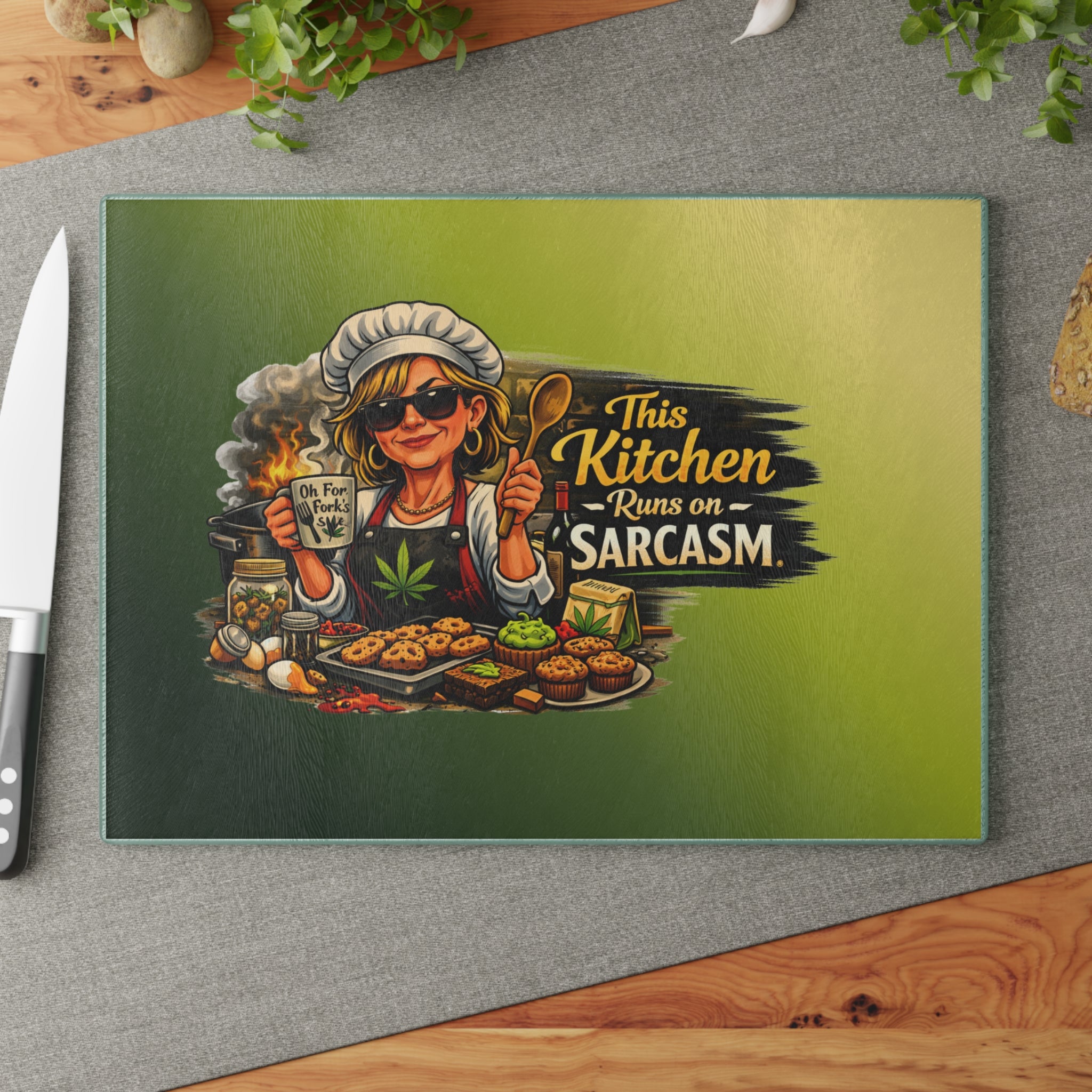 Glass Cutting Board — "This Kitchen Runs on Sarcasm" Chef Design