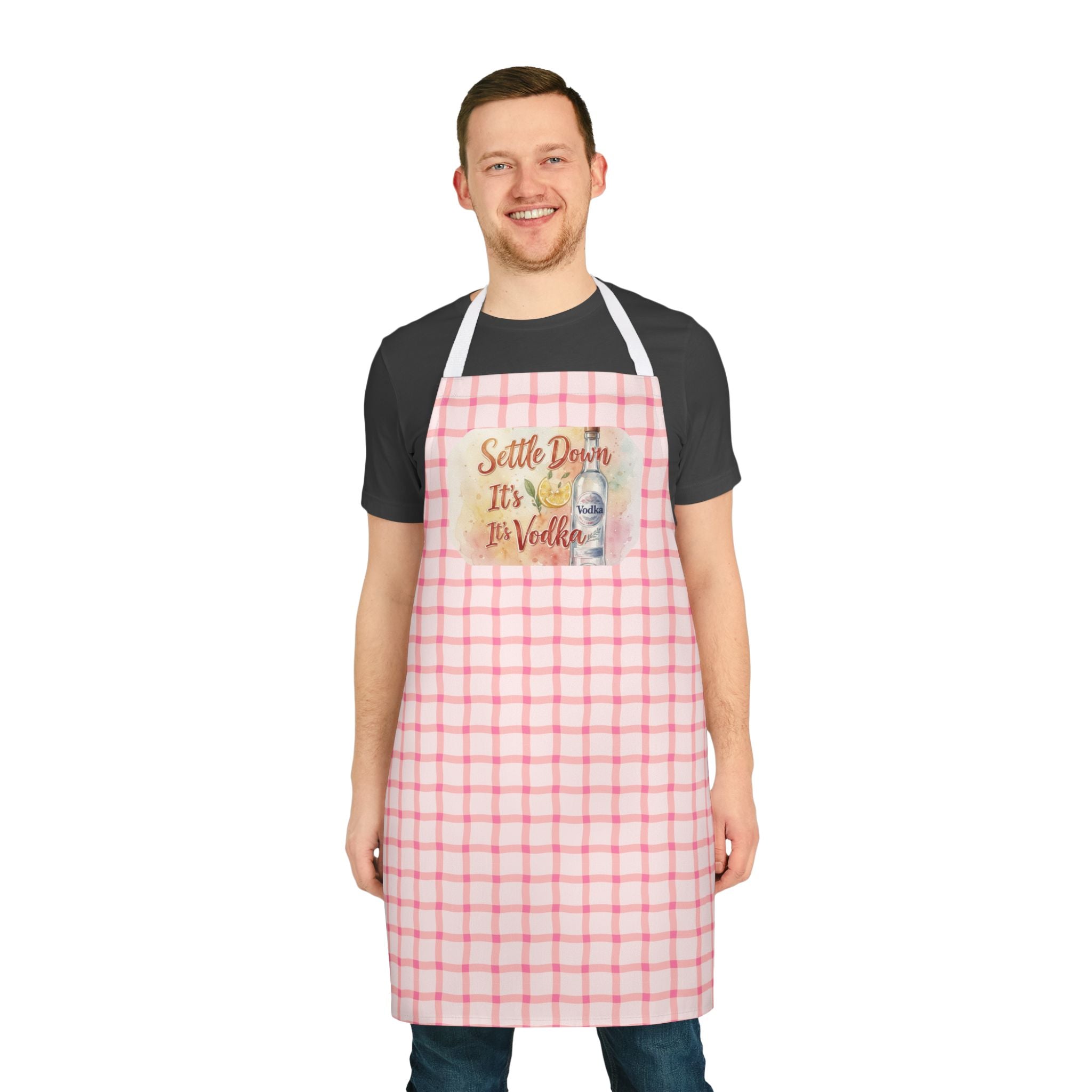 Apron — "Settle Down It's Vodka" Pink Check Kitchen Apron