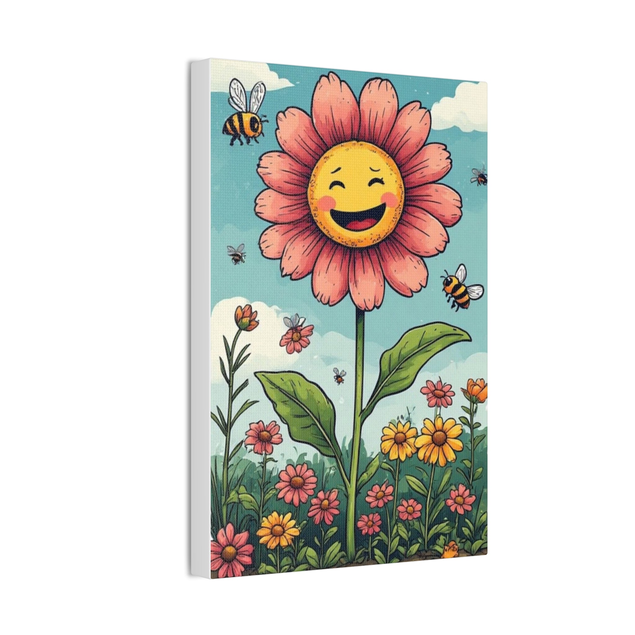 Happy Smiling Flower Canvas Wall Art — Cheerful Floral Nursery Decor