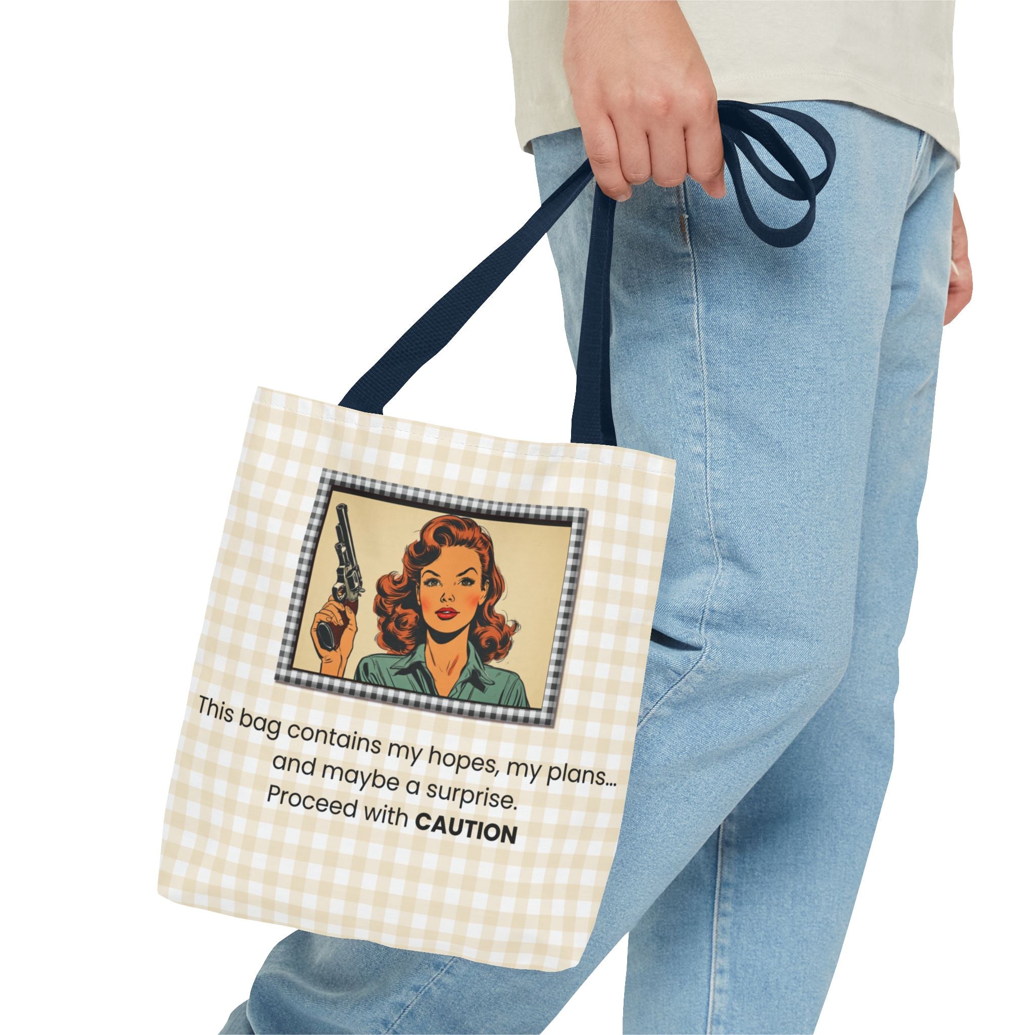 Retro Warning Tote Bag — "This bag contains my hopes, my plans, and maybe a surprise. Proceed with CAUTION"